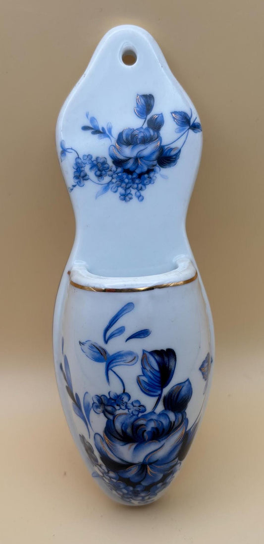 Vintage Blue Floral Porcelain Wall Pocket Vase
