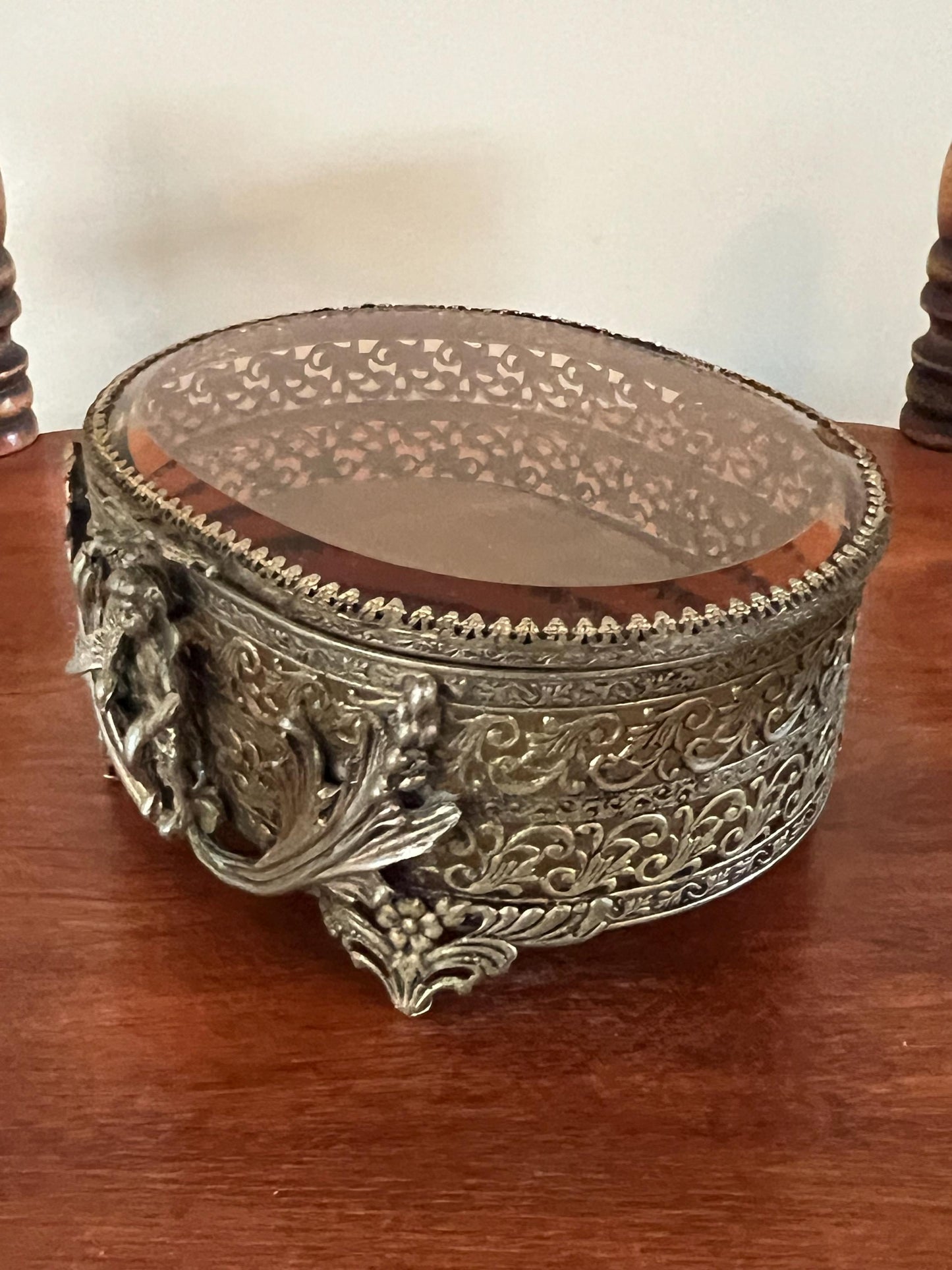 Vintage Angel Trinket Box: Gold Filigree Beveled Glass Casket
