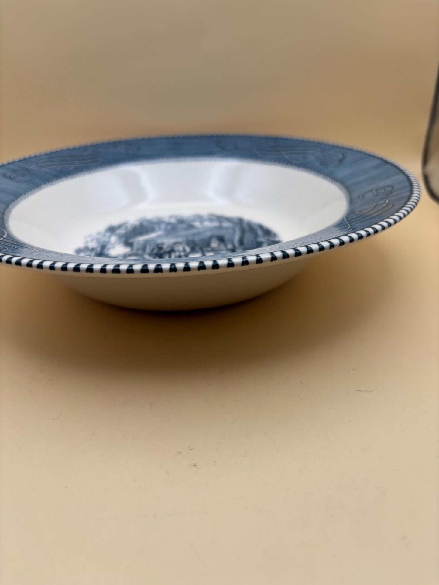Vintage Currier & Ives by Royal China Bowl Blue White Outdoor Fire Side Near Cabin Scene Lover Antiques and Vintage
