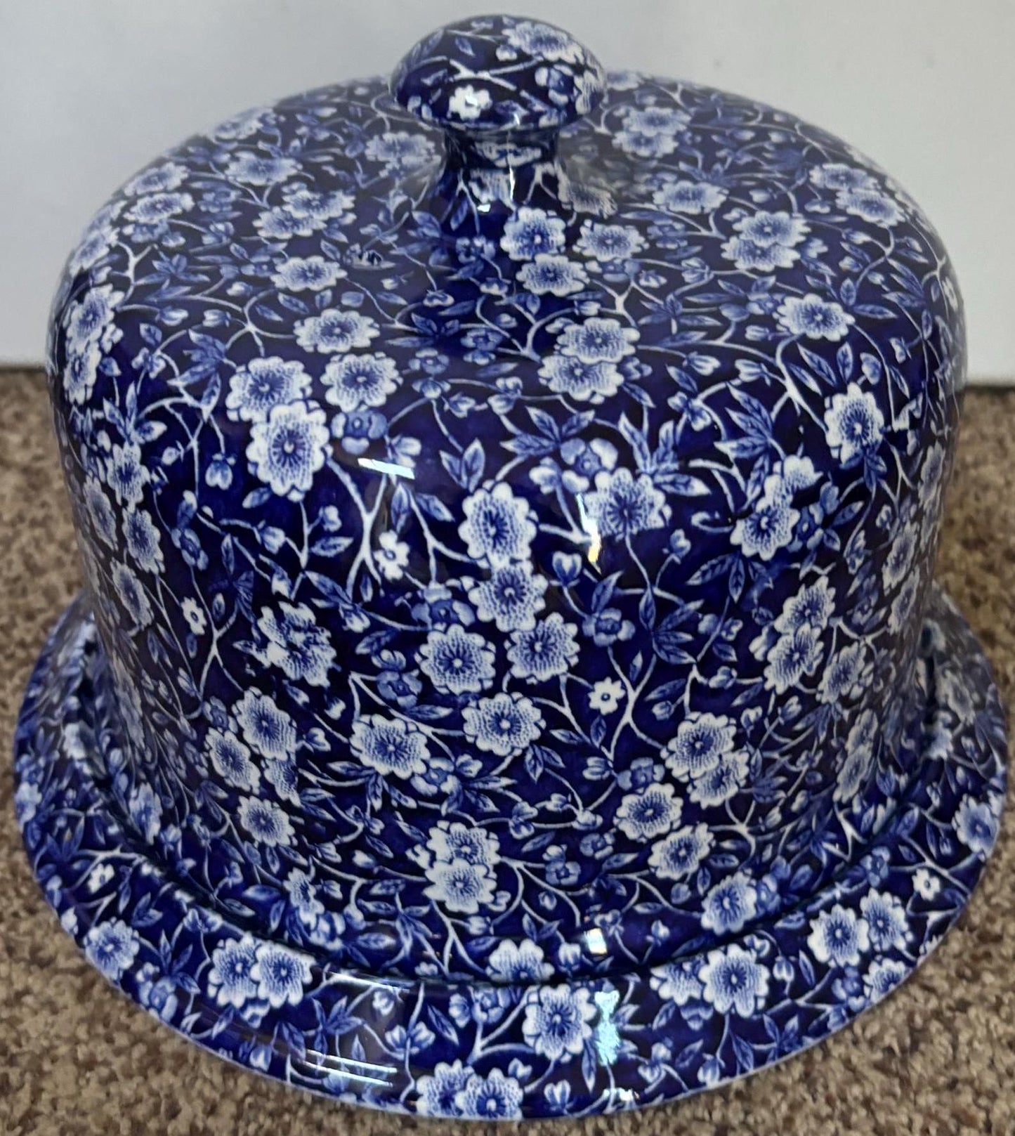 Burleigh Ware Large CALICO Blue Cheese Dome or Cake Plate with Cover Royal Crownford Ironstone England Blue and White Floral Transferware