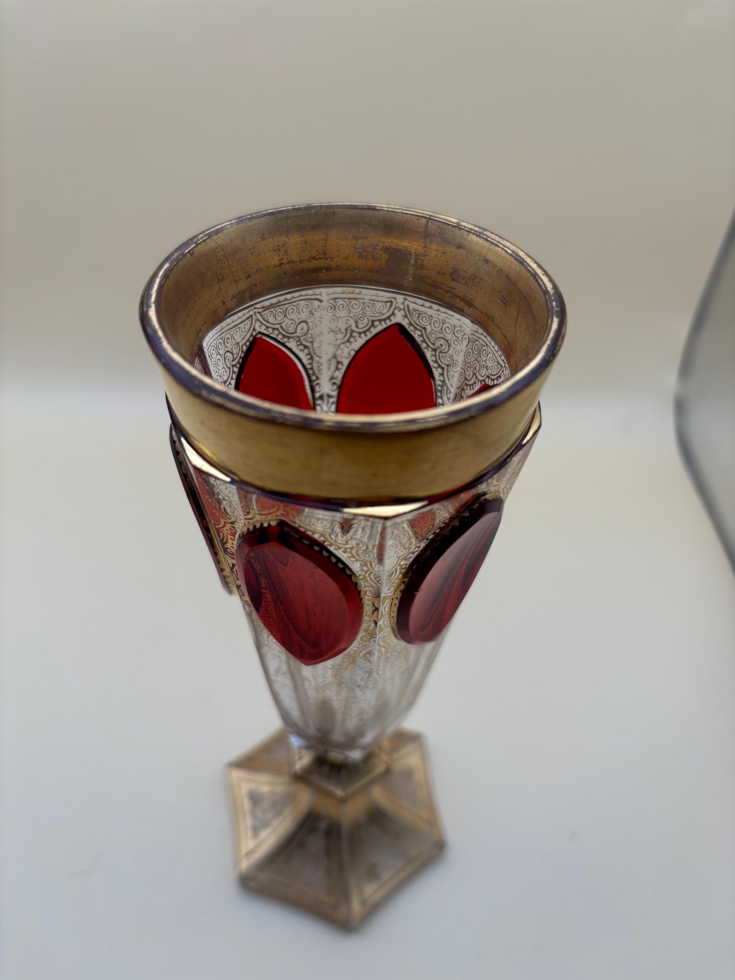 Antique Bohemian Cranberry Cut Cabochon Tall Vase with Gold Gilding Lover Antiques and Vintage