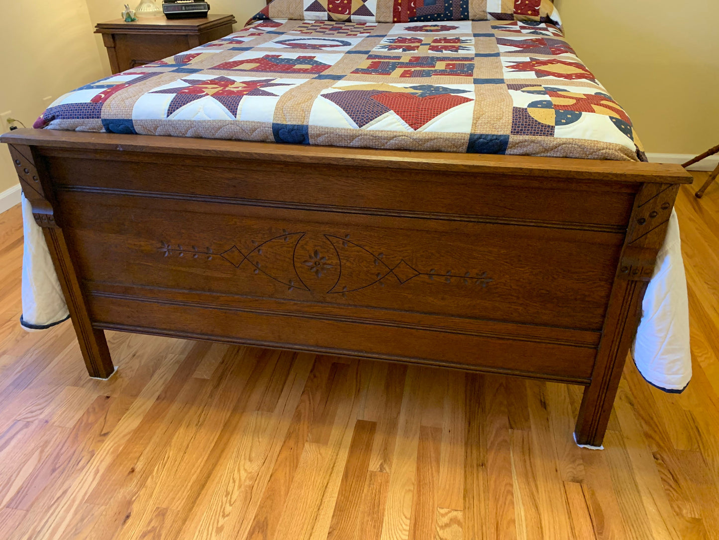 Antique Carved Oak Wood Full Size Bed Headboard, Footboard