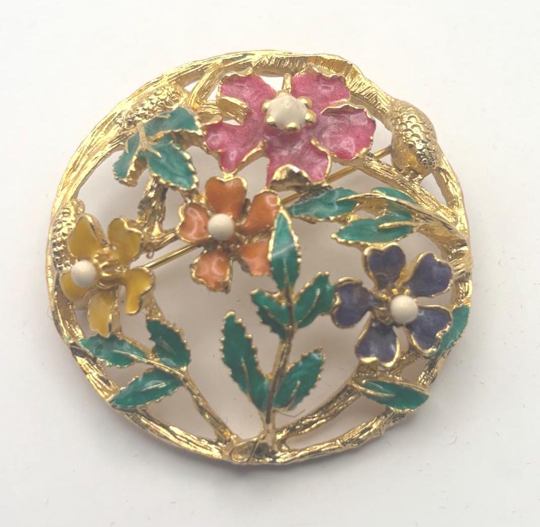 Catherine Popesco Flower Enamel Pin and Gold Floral Brooch, Lover Antiques and Vintage