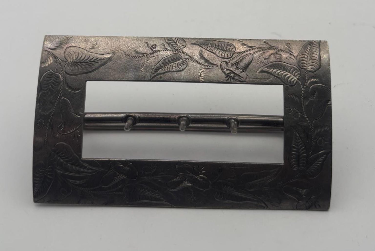 Antique Sterling Silver Belt Buckle Sash, Engraved Flowers Floral