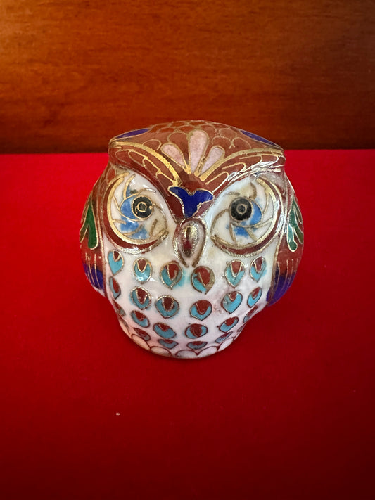 Vintage Cloisonné Enamel Owl Figurine: Cobalt Blue & Brass Base