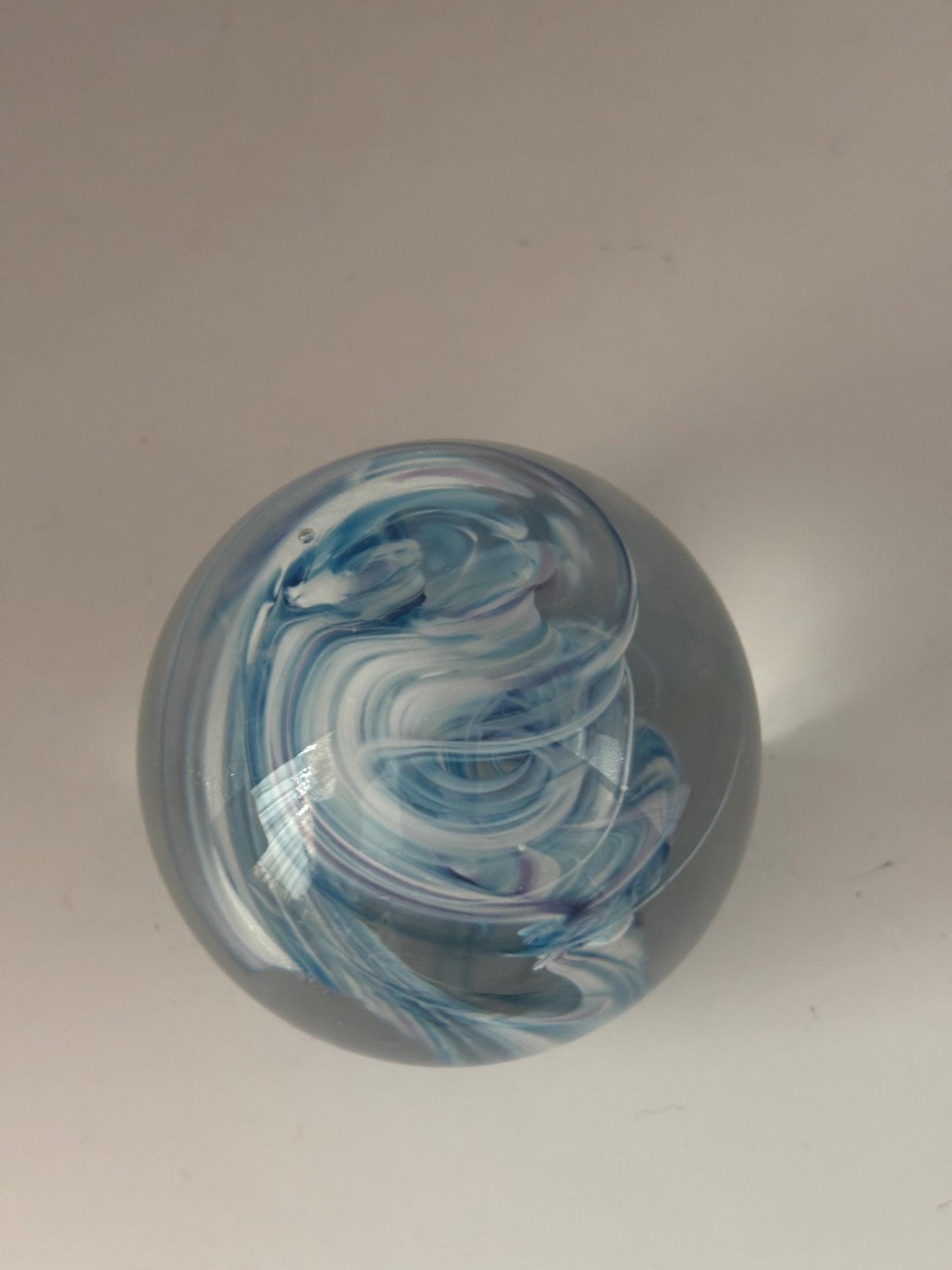 Ocean Hand Blown Blue White Glass Paperweight, Seaside Glass Art