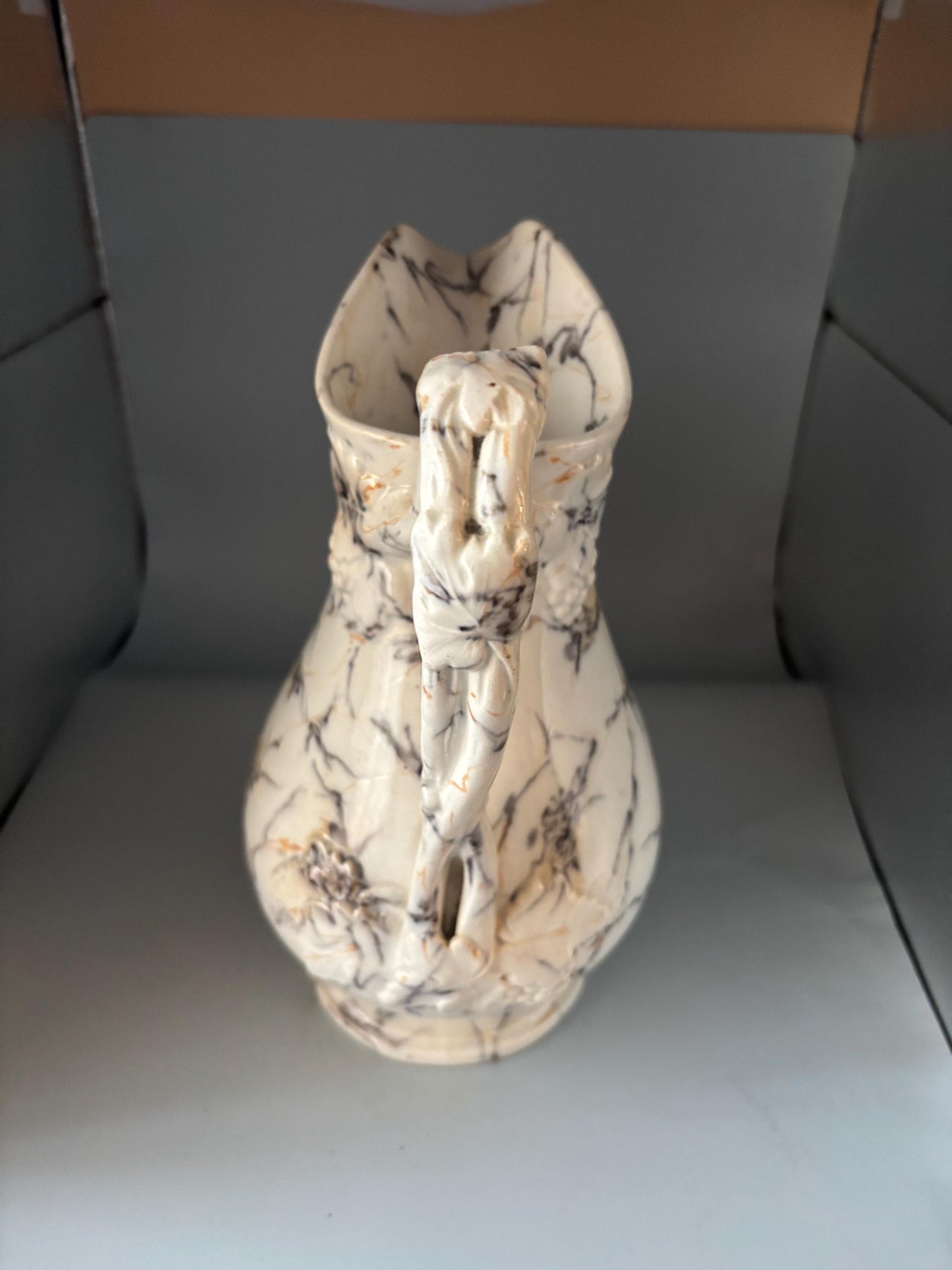 Antique Marble Pitcher No. 876, White Black Veined Decorative Vase
