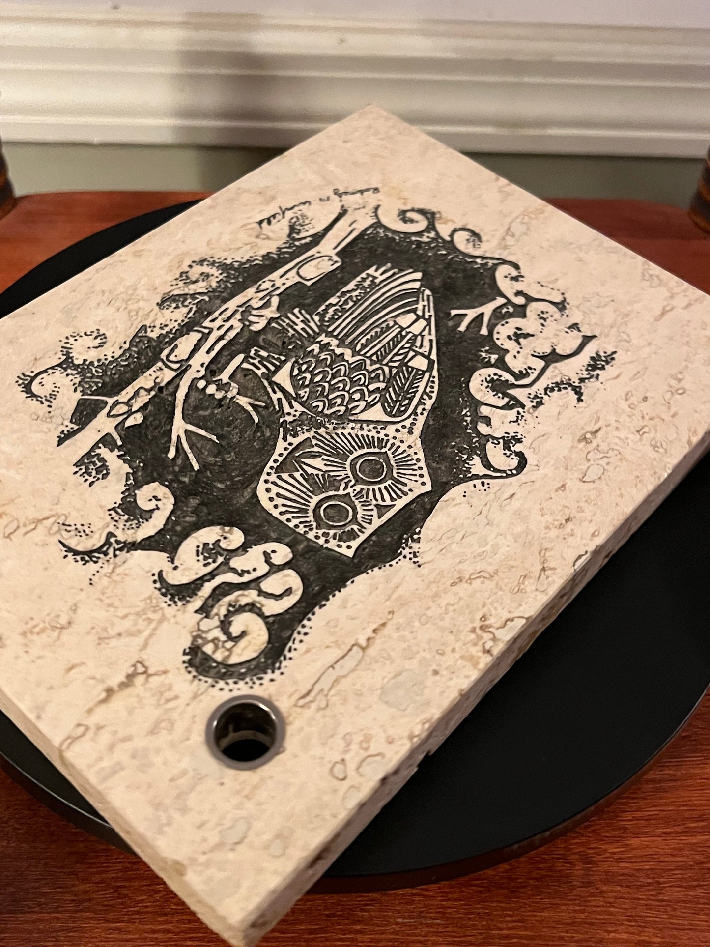 Vintage Owl Etching on Travertine Tile Pen Holder, Signed Art