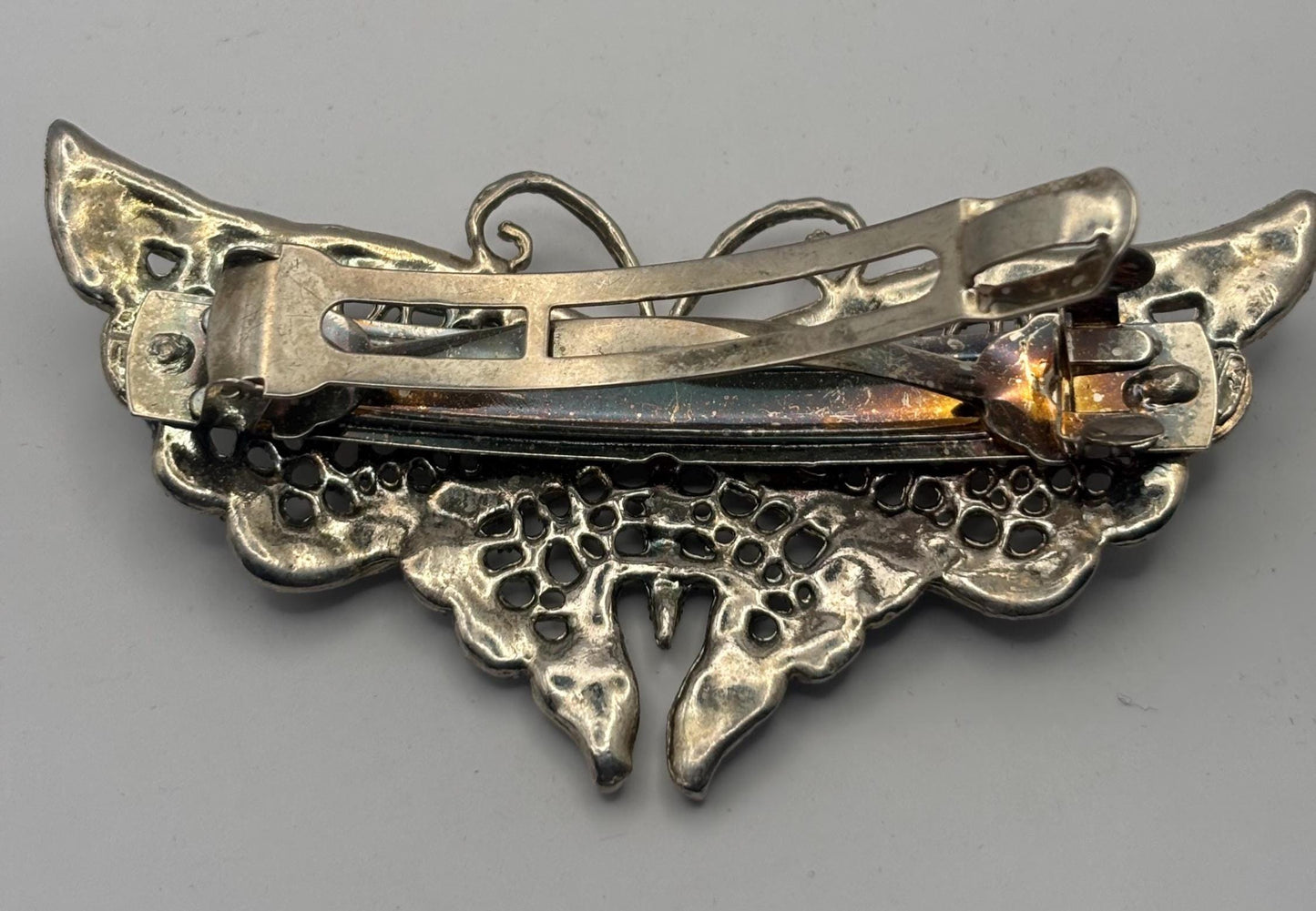 Elegant Butterfly Hair Clip, Butterfly Barrette Circa 1940's, French Silver Glass Stones