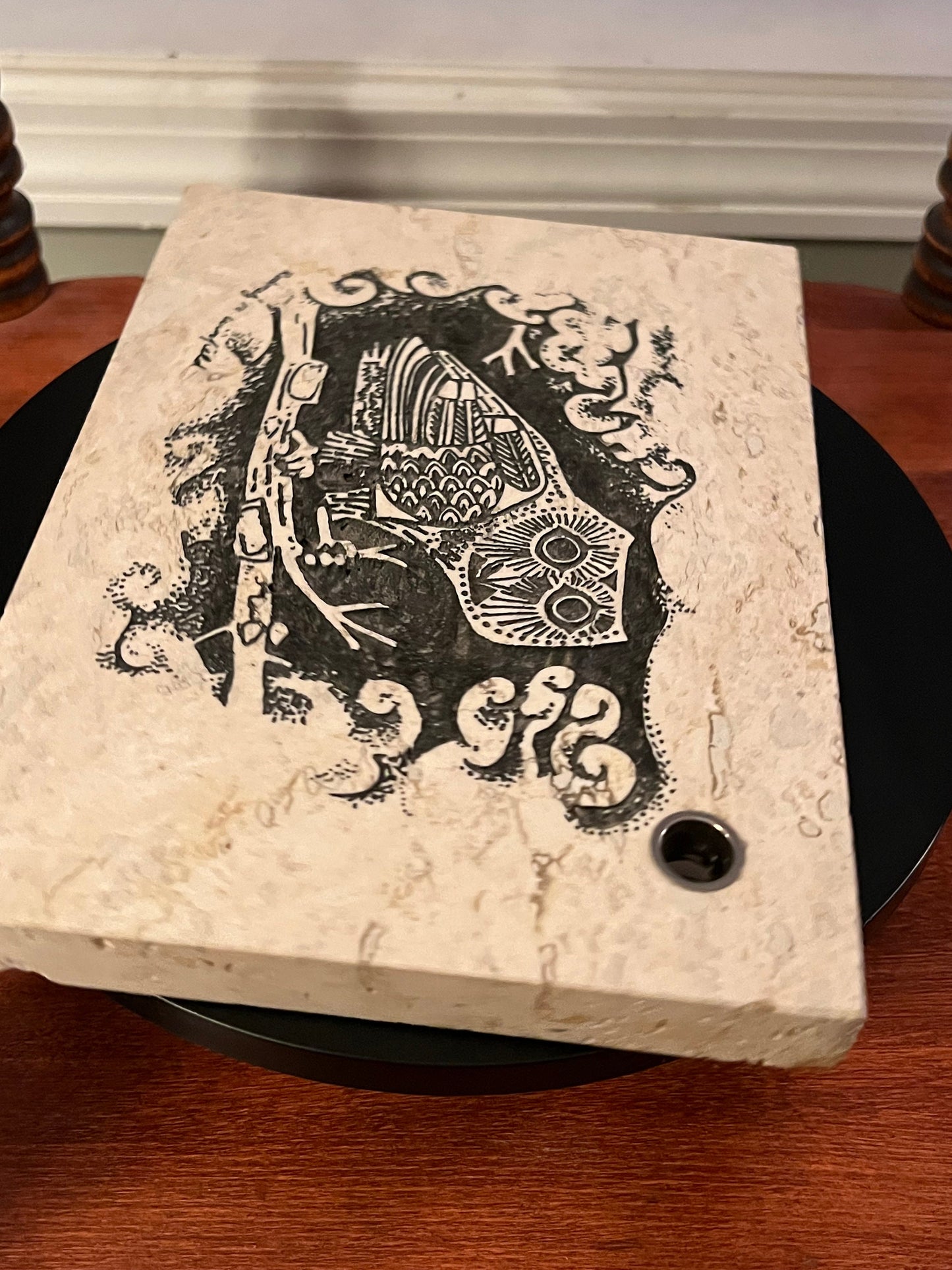 Vintage Owl Etching on Travertine Tile Pen Holder, Signed Art