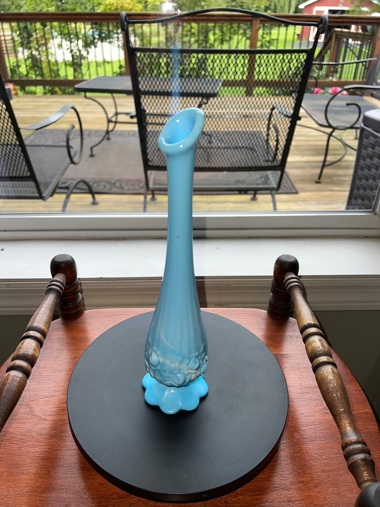 Vintage Fenton Blue Slag Glass Bud Vase - Cabbage Rose Swung Vase 11”