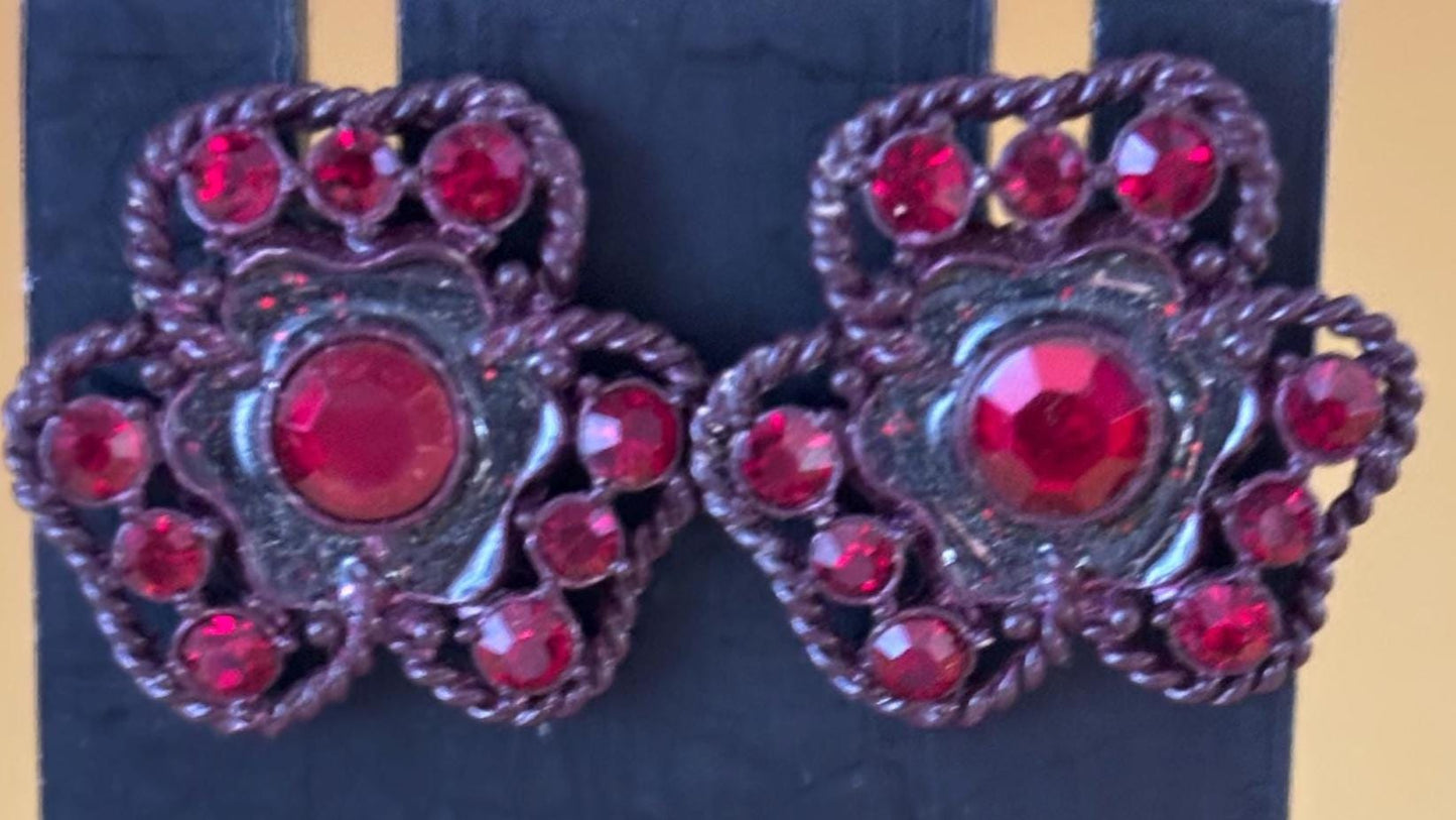 Vintage Judy Lee Ruby Red Flower Clip On Earrings