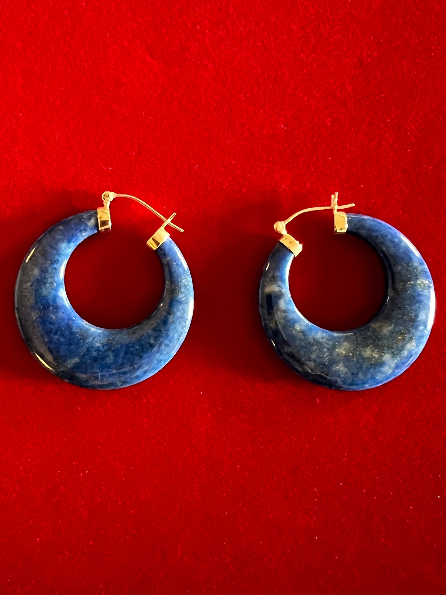 Vintage 14K Gold Lapis Hoop Earrings, Yellow Gold Jewelry