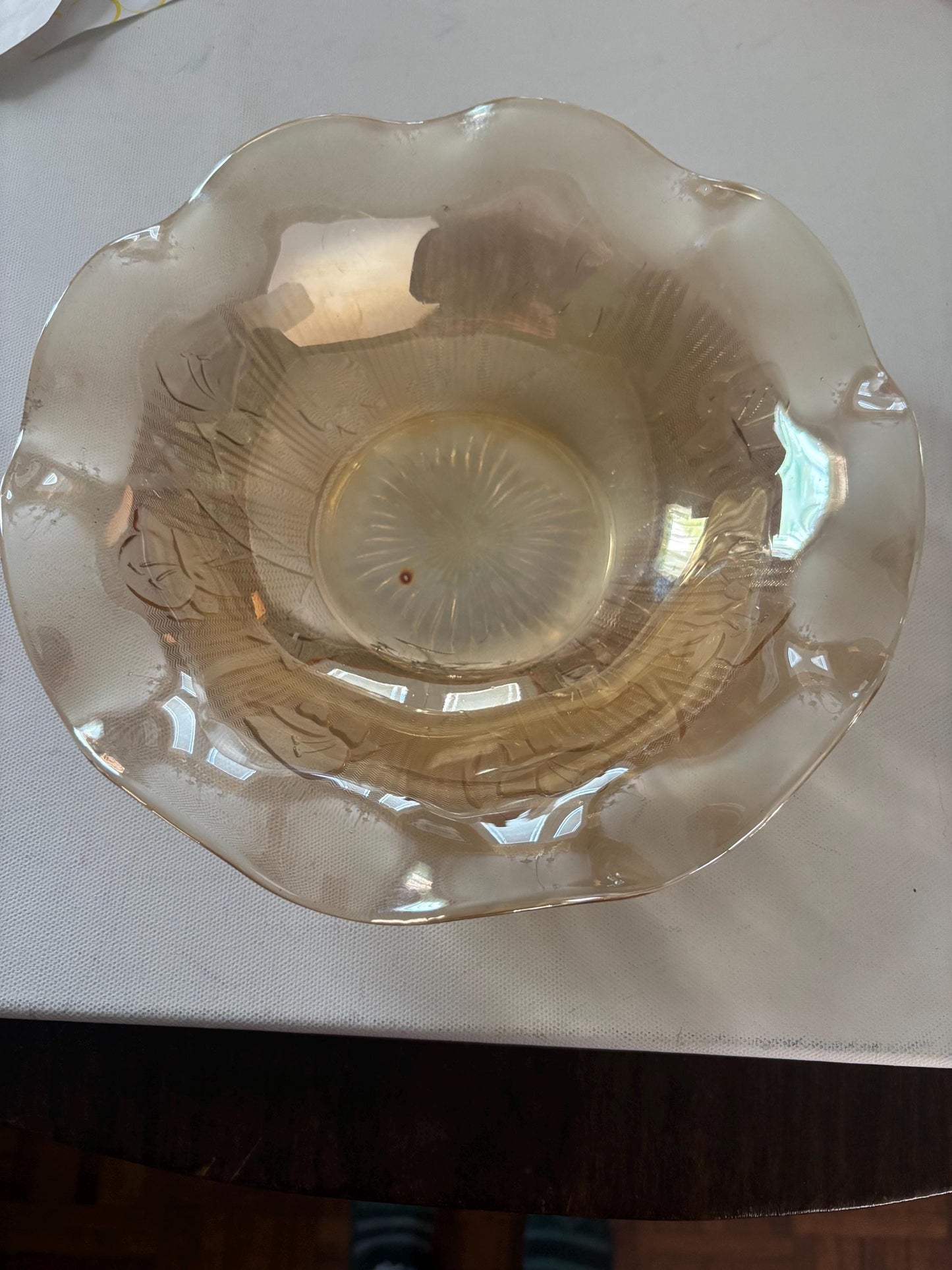 Jeannette Iris and Herringbone Marigold Carnival Glass Ruffled Bowl, Lover Antiques and Vintage