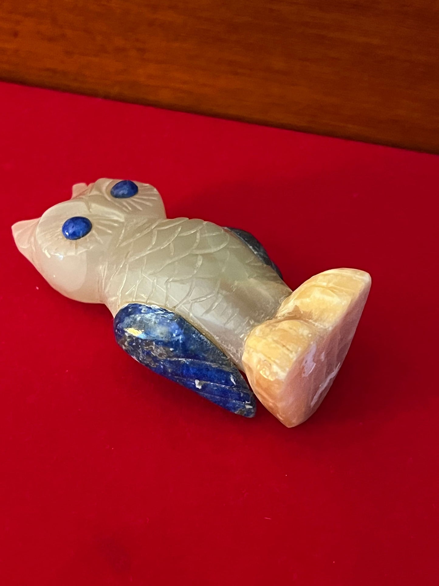 Vintage Carved Quartz Owl Figurine with Blue Eyes