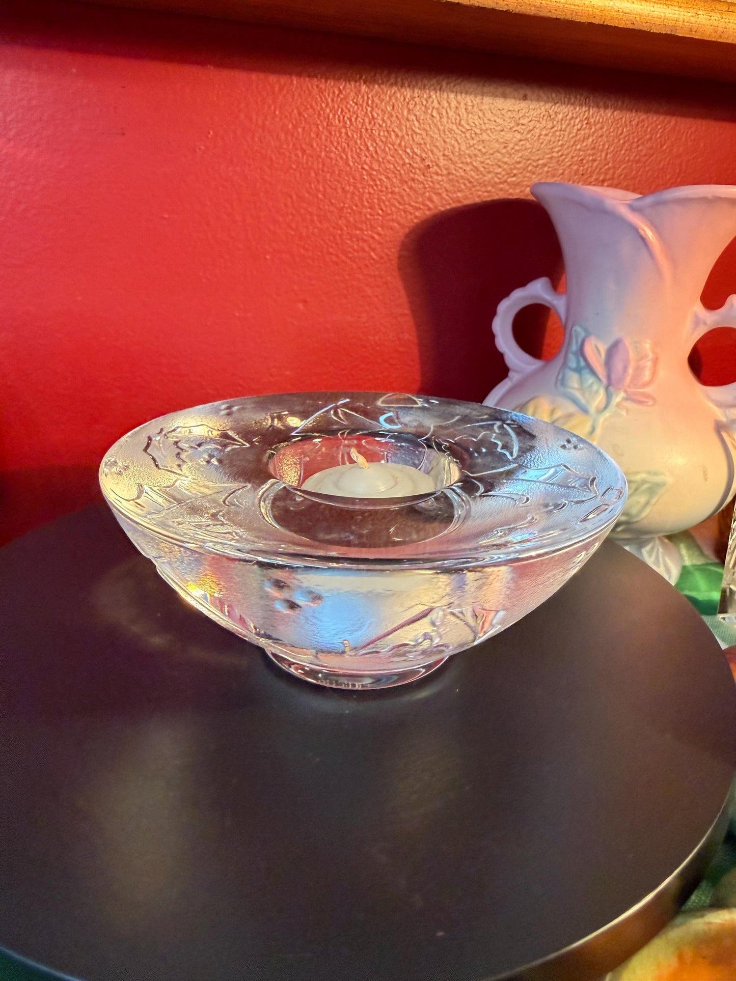 Vintage Glass Votive Candle Holder 5 Inch Wide 2 Inch High Embossed Design