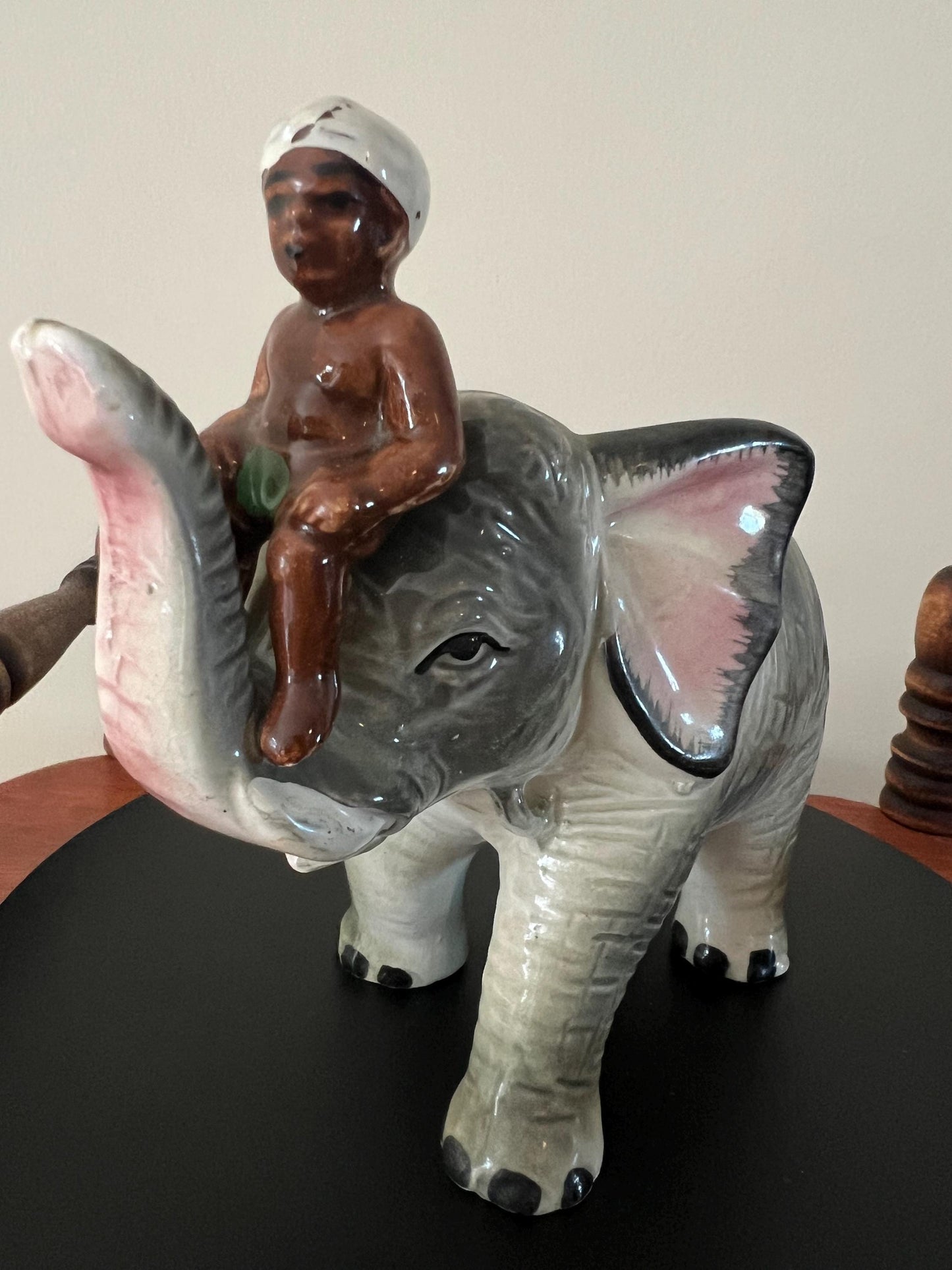 Vintage Ceramic Elephant Figurine: Trunk Up, Man Rider, Made in Japan