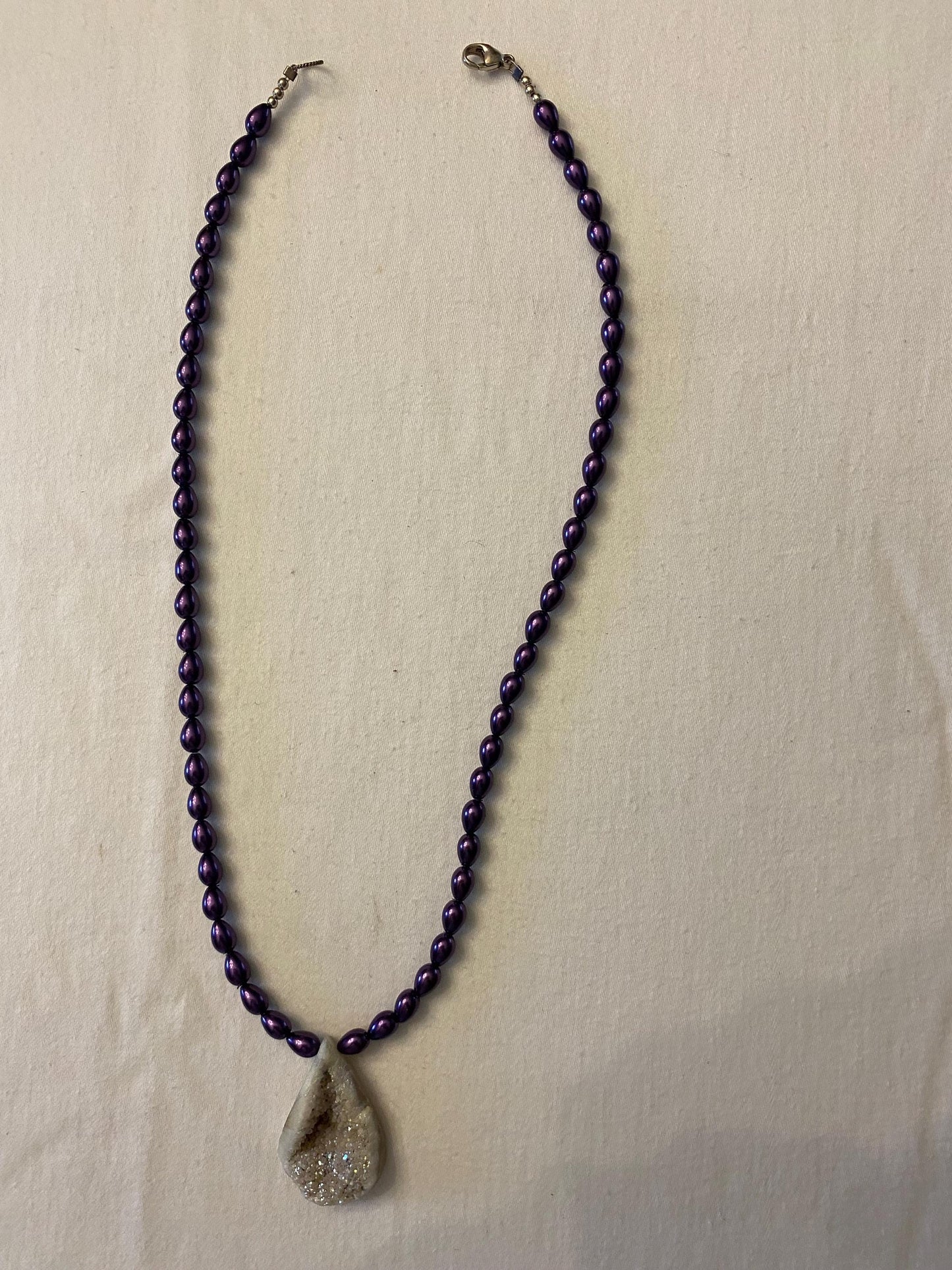 Vintage Purple Beaded Necklace with Natural Geode Pendant