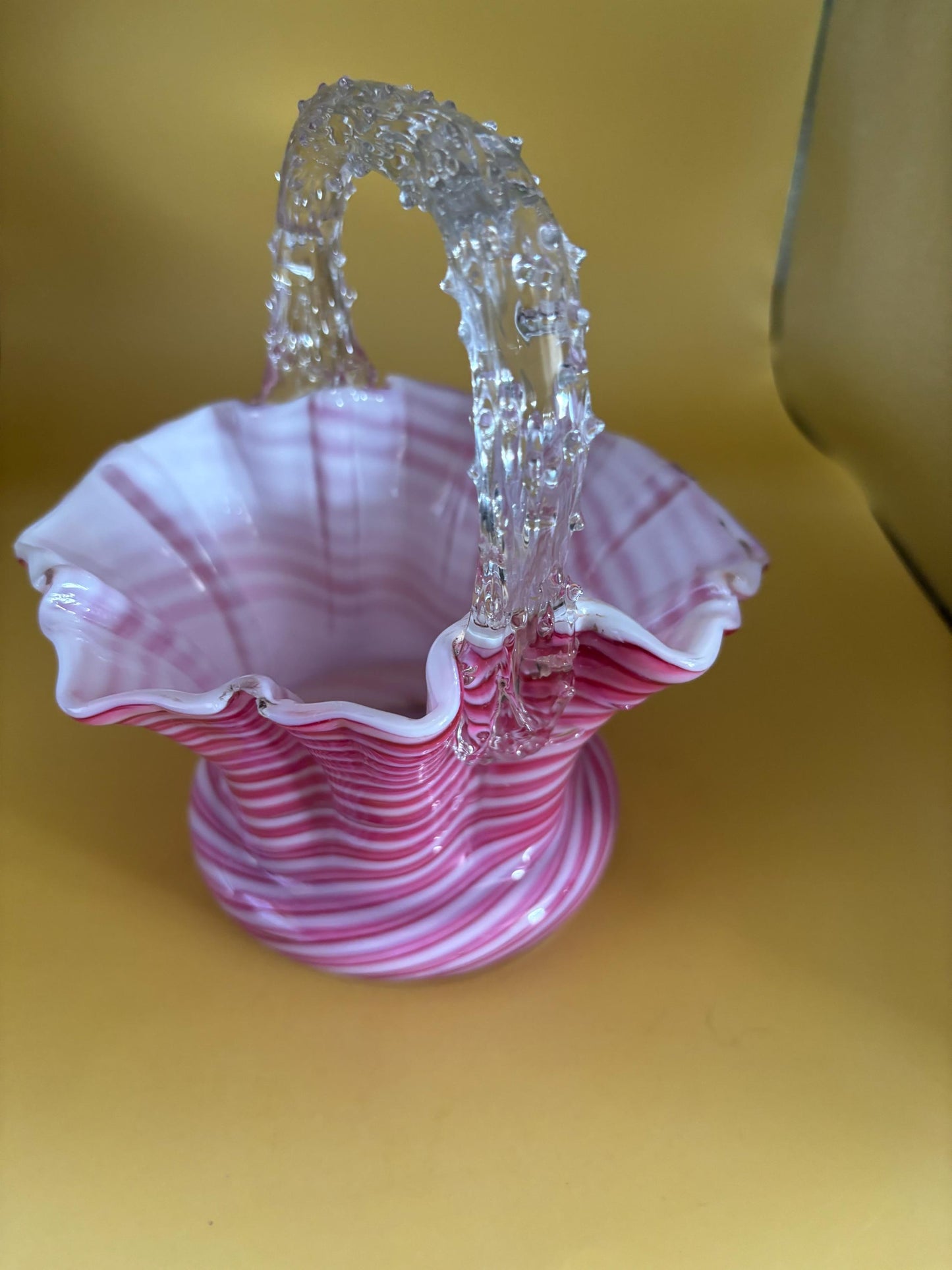 Antique Stevens & Williams Peppermint Pink Swirl Cased Glass Basket Thorn Handle Lover Antiques and Vintage