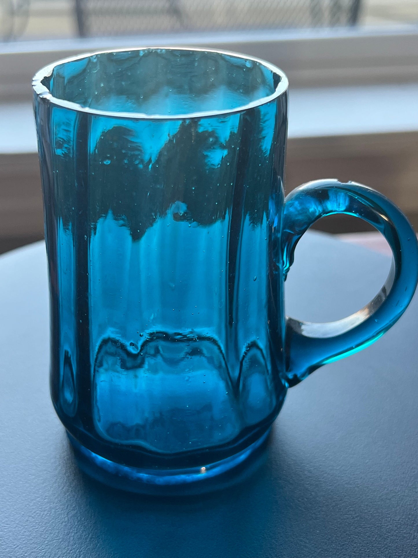 Vintage Blue Paneled Glass Cup with Handle