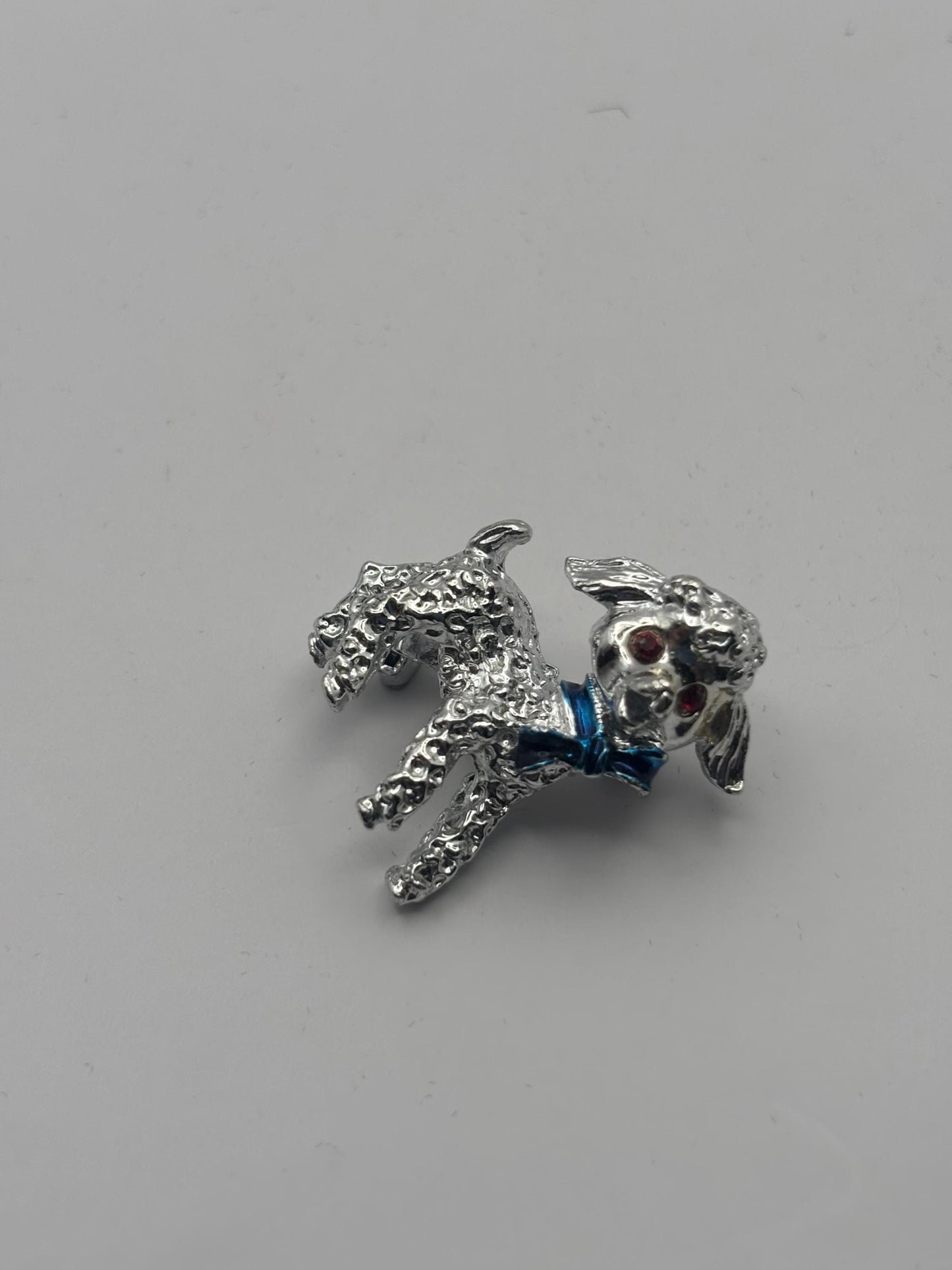 Silver Lamb Pin with Red Rhinestone Eyes and Blue Bow, Little Lambie Pin