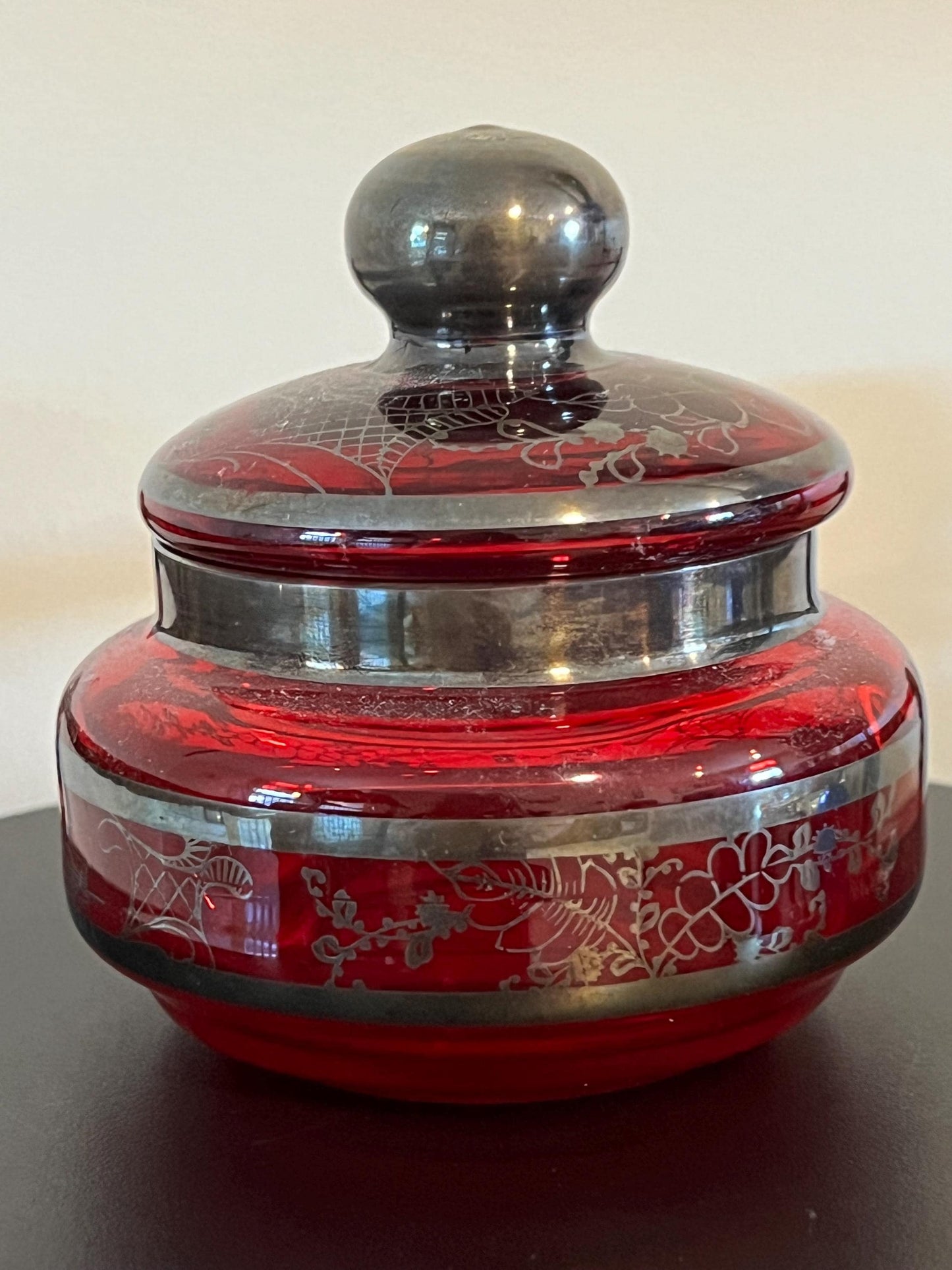 Vintage Ruby Red Glass Trinket Box: Bohemian Silver Gilding