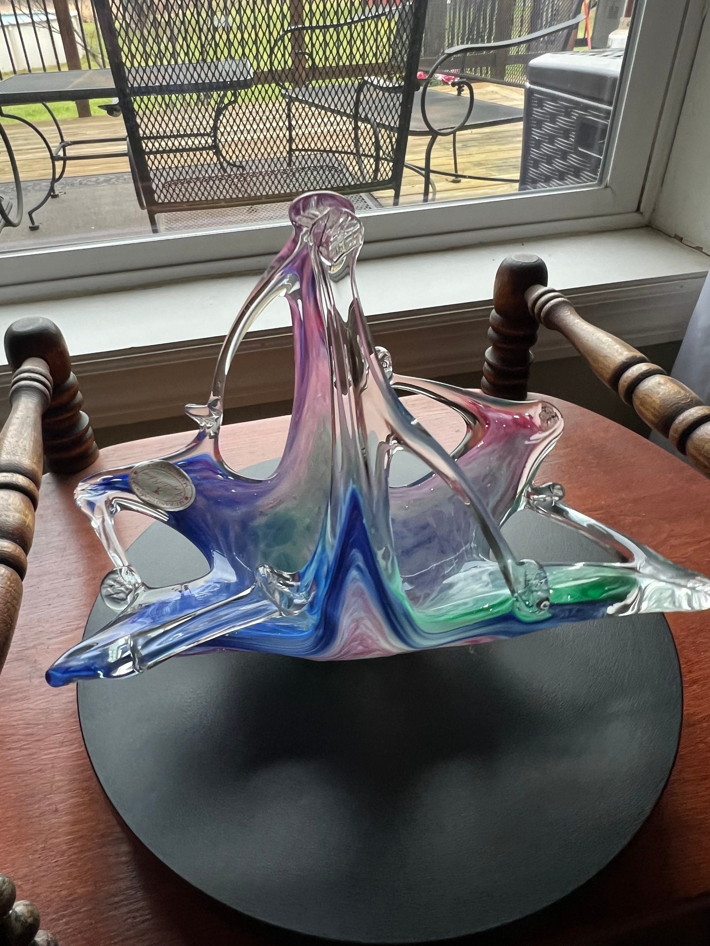 Vintage Murano Art Glass Basket Bowl: Lavorazione Blown Glass, Italy
