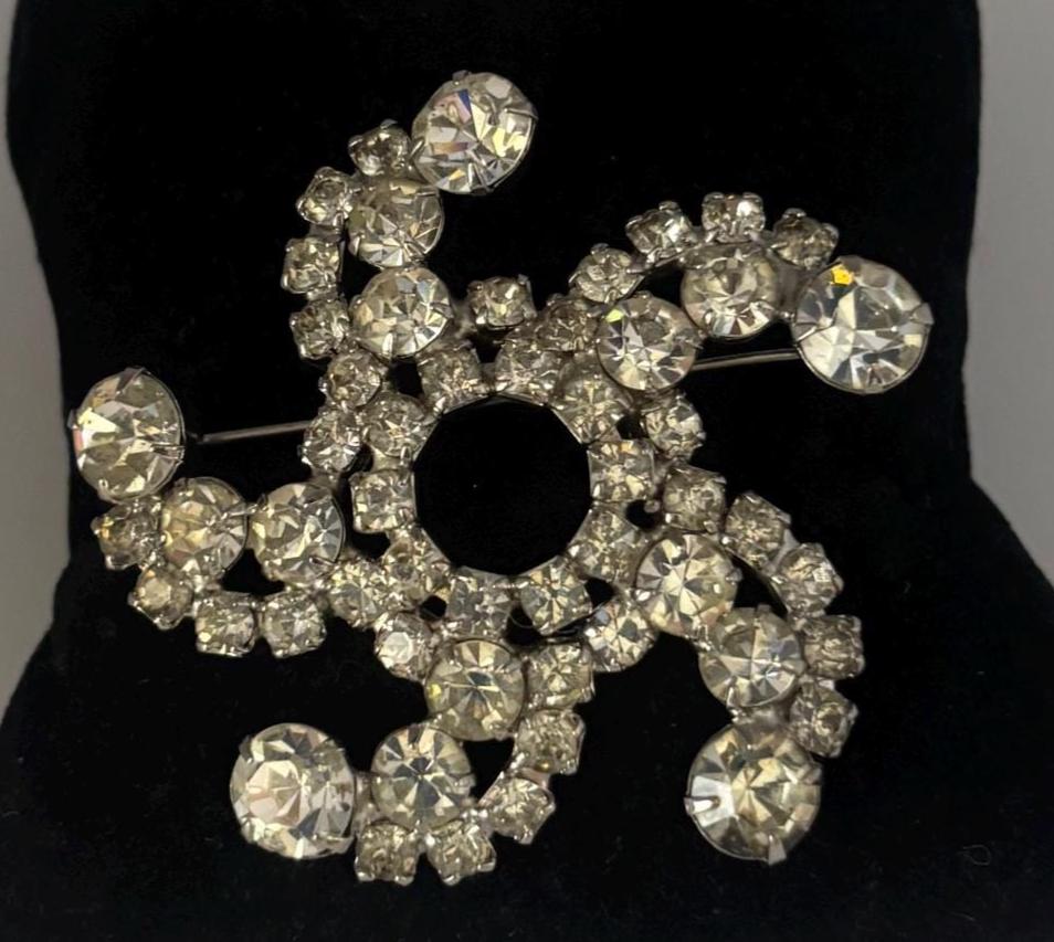 Vintage Rhinestone Swirl Brooch, Crystal Elegant Pin Jewelry