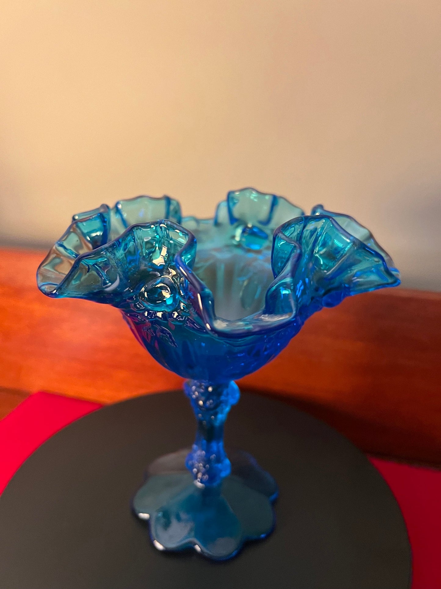 Vintage Fenton Colonial Blue Ruffled Compote, Fenton Art Glass, Candy Dish, Fancy Blue Glass Art, Lover Antiques and Vintage