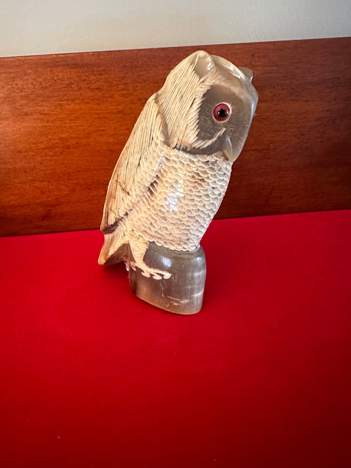 Vintage Hand Carved Horn Owl Figurine: Painted Owl Sculpture