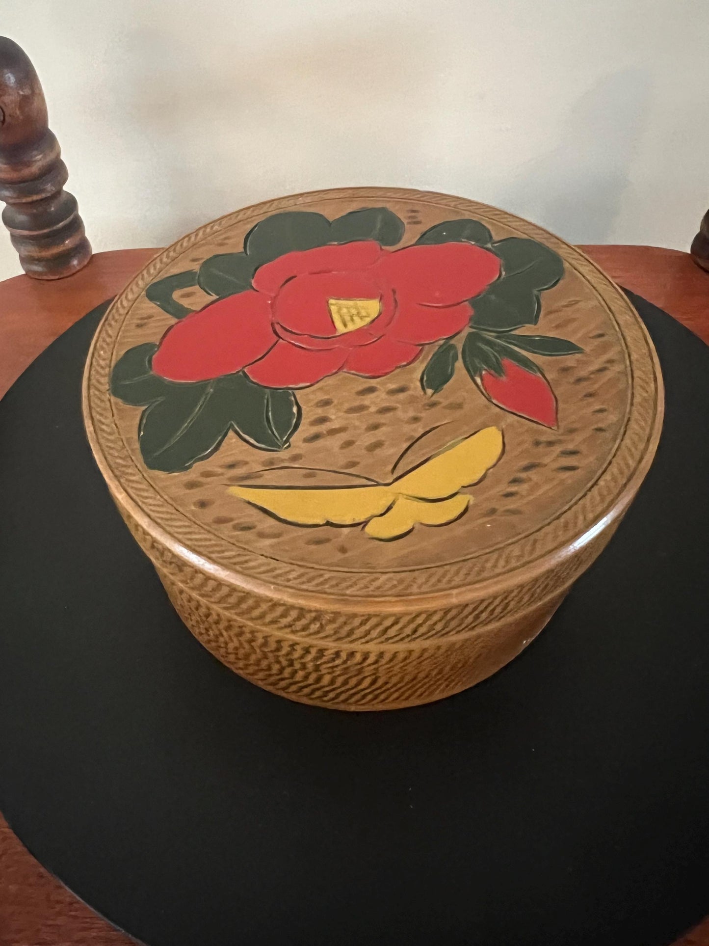 Vintage Japanese Wood Coaster Set: Hand-Painted Floral Box
