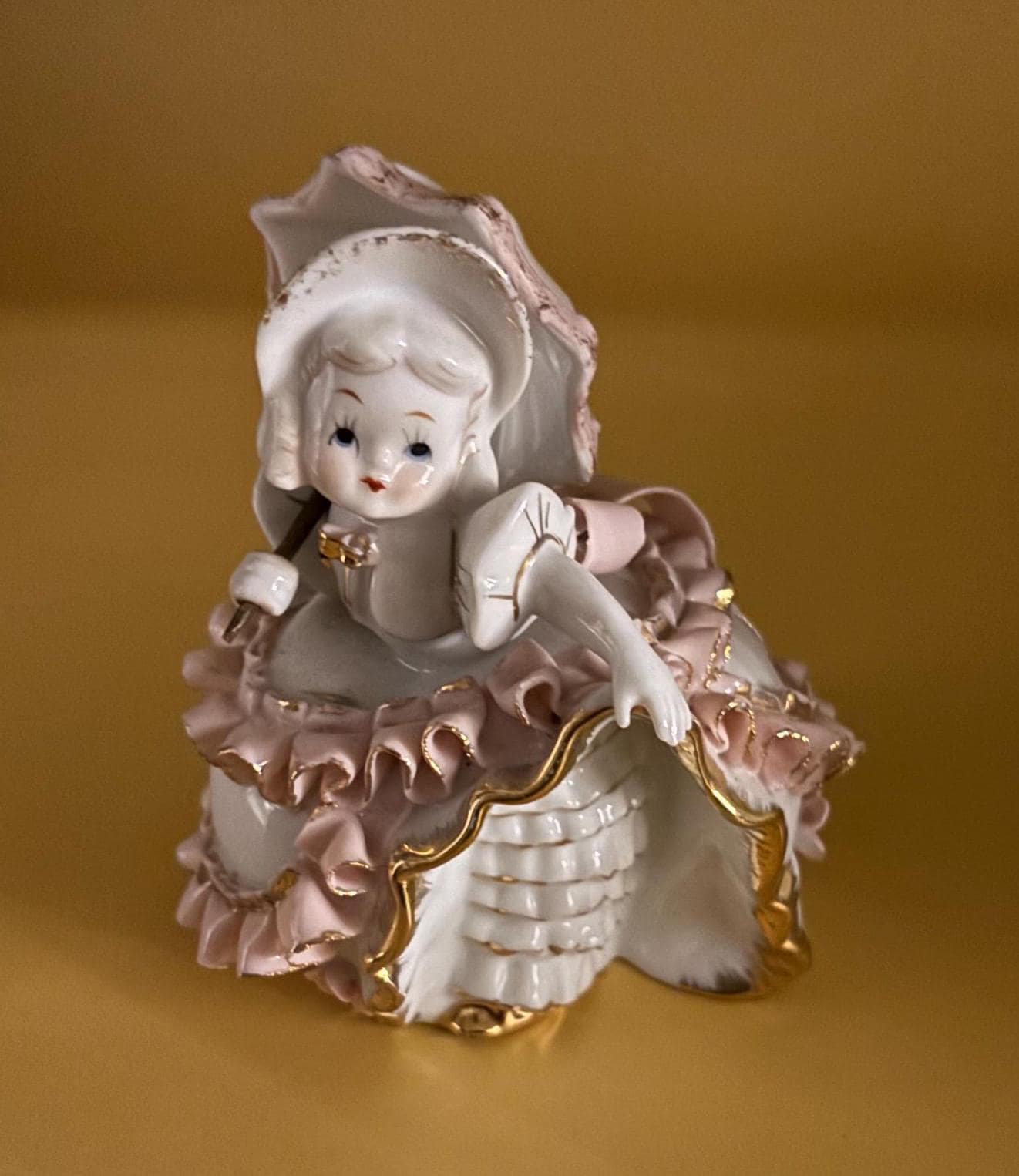 Vintage Lefton Girl with Umbrella Hand Painted Signed KW4698 Capodimonte Style Woman Lover Antiques and Vintage