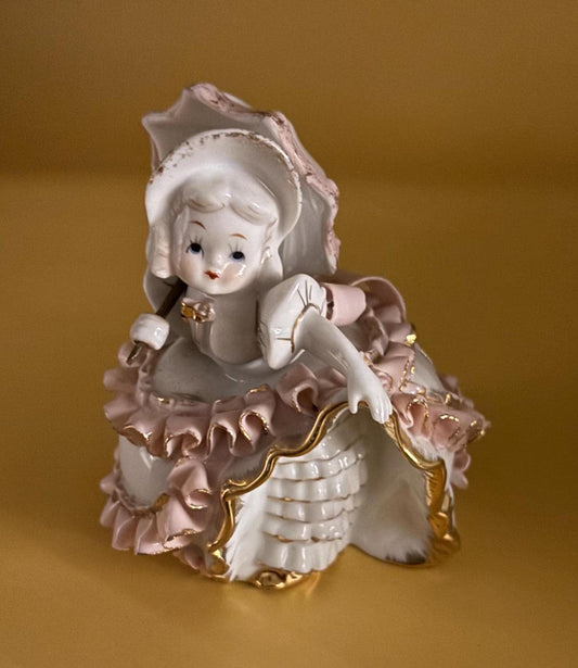 Vintage Lefton Girl with Umbrella Hand Painted Signed KW4698 Capodimonte Style Woman Lover Antiques and Vintage