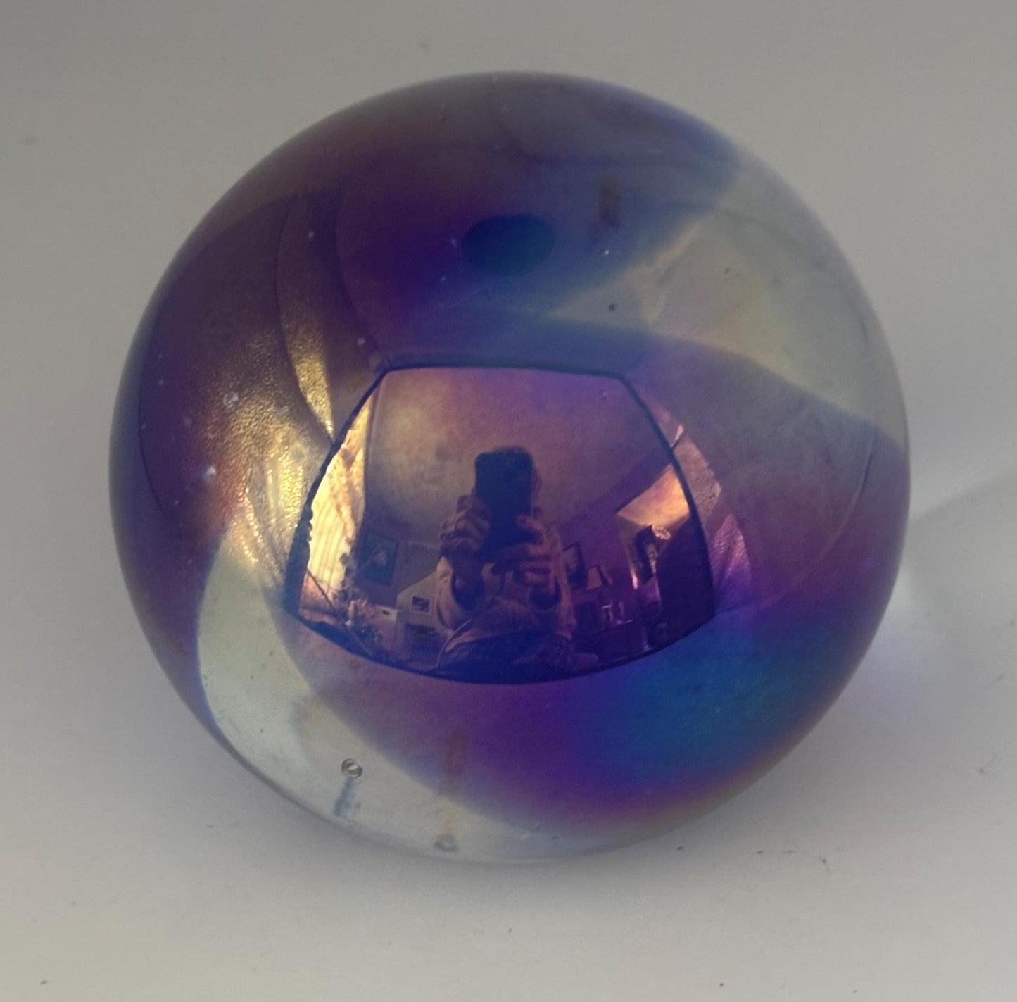 Vintage Gary Levi Metallic Blue Purple Glass Paperweight Mid Century Art Object