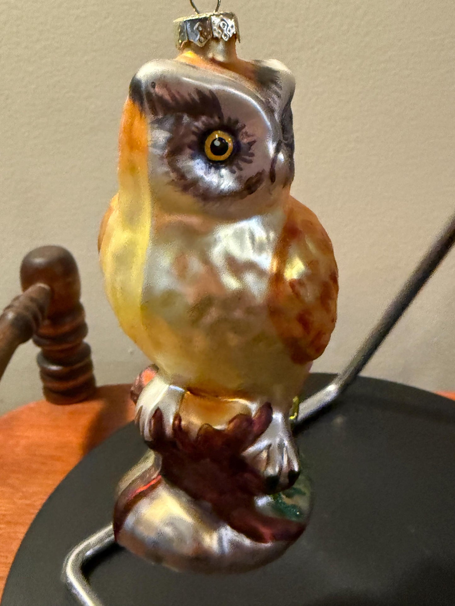 Vintage Owl on a Branch Perch Hand Blown Orange Owl Christmas Holiday Lover Antiques and Vintage