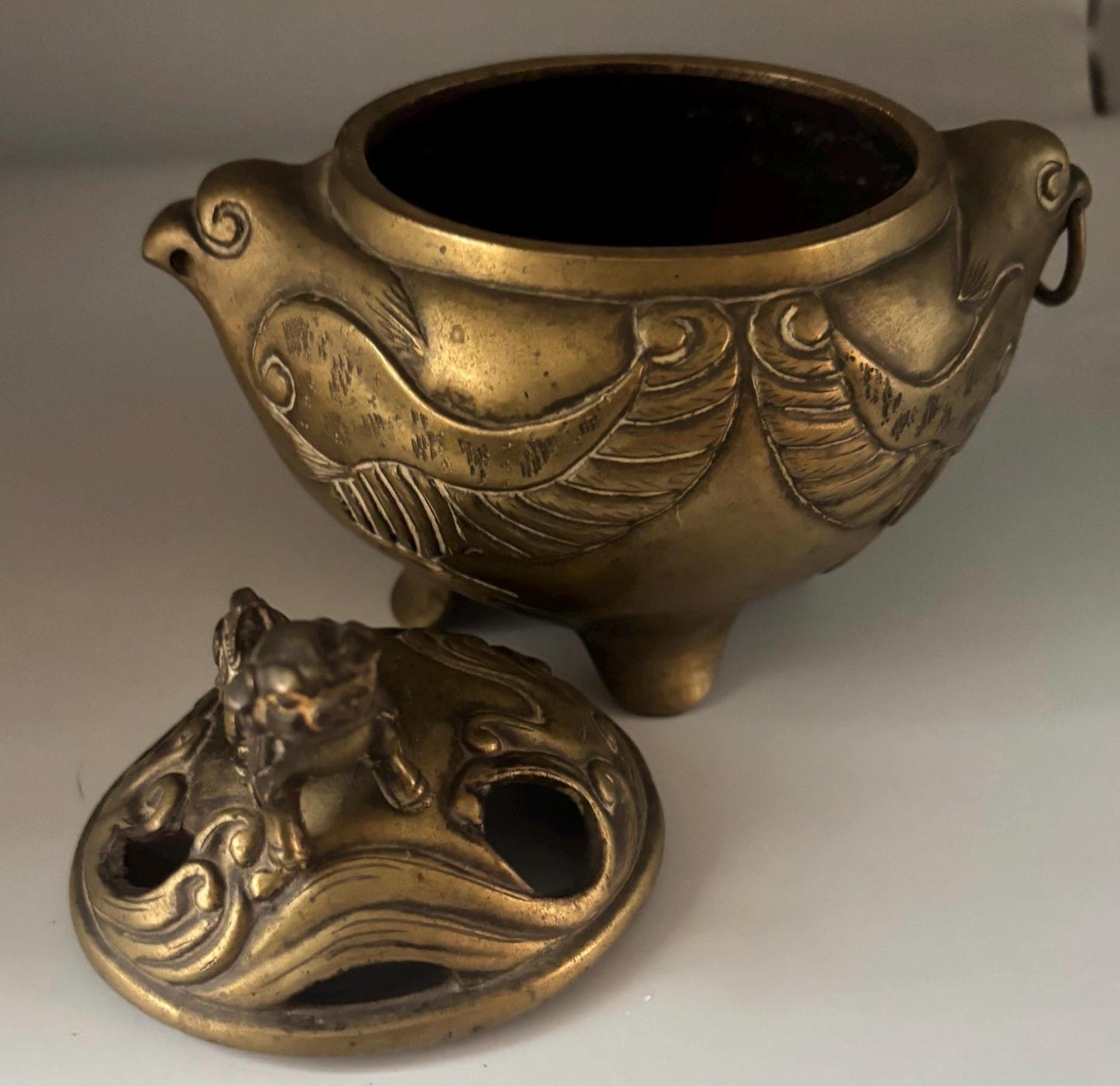 Antique Bronze Chinese Censer Incense Burner Bowl with Lid Koro with Foo Dog Lover Antiques and Vintage