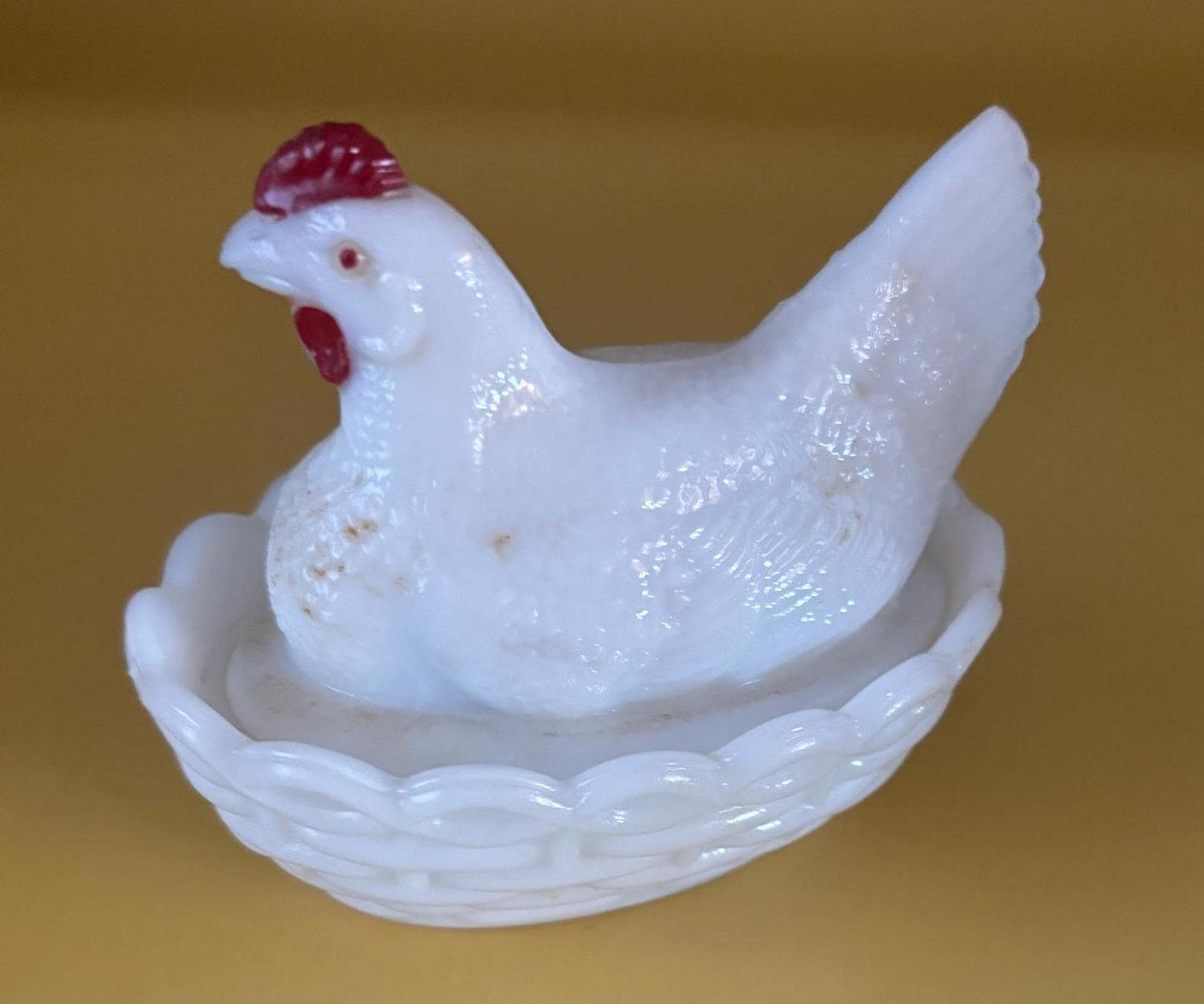 Vintage Westmoreland White & Red Rooster on Nest Glass Nesting on Basket Dish Lover Antiques and Vintage