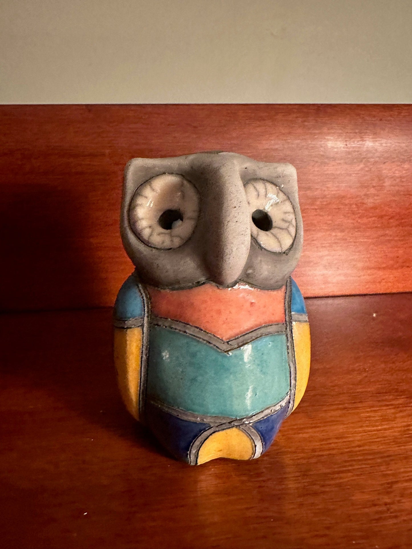 Vintage Mosaic Pottery Owl Figurine - South African Art