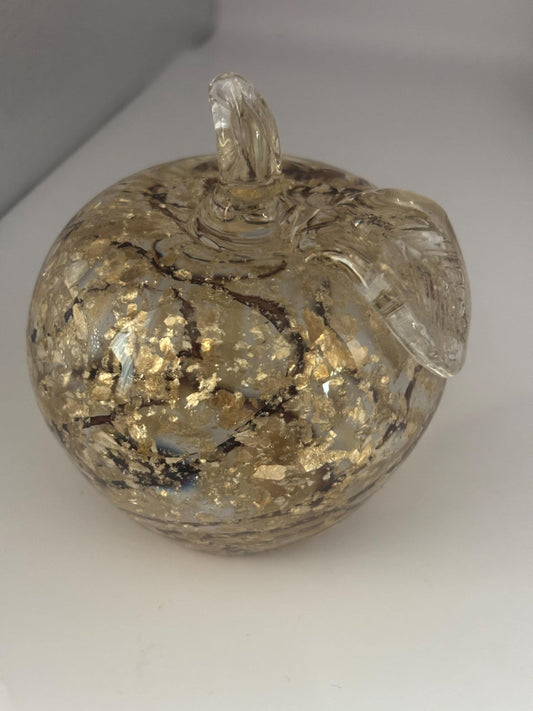 Murano Glass Apple Figurine with Gold Flecks and Black Swirls 3 Inch Vintage Decor