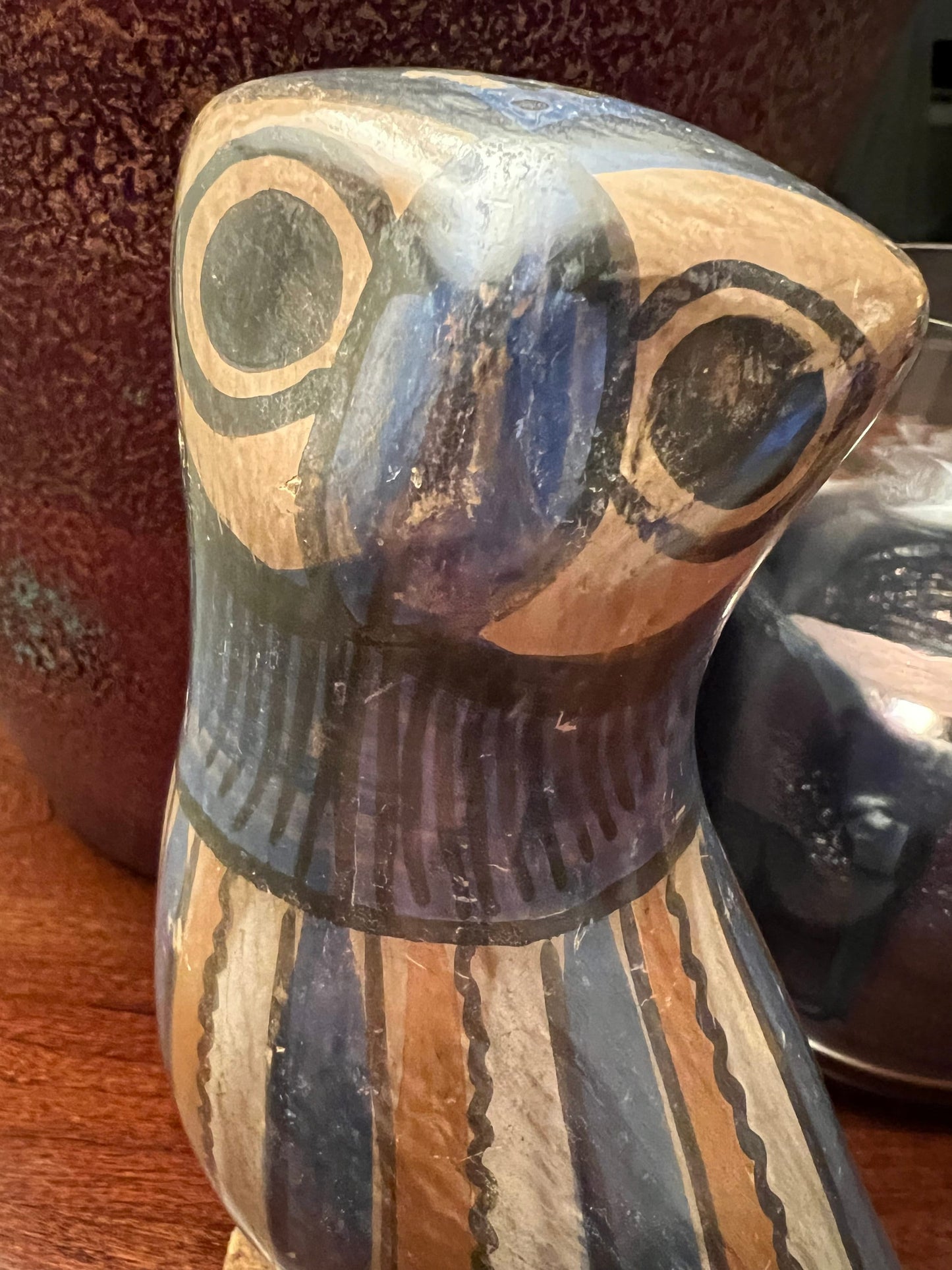 Vintage Tonala Pottery Owl: Red, White, and Blue Mexican Folk Art