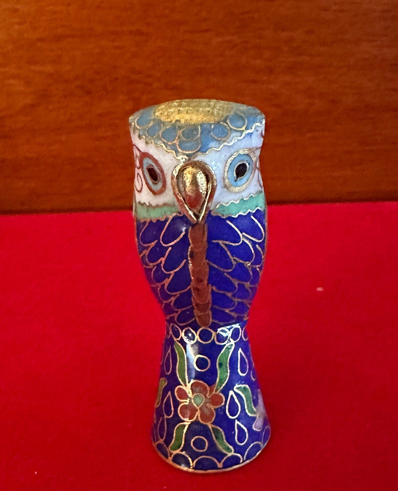 Vintage Cloisonné Enamel Owl Figurine: Cobalt Blue Brass Statue