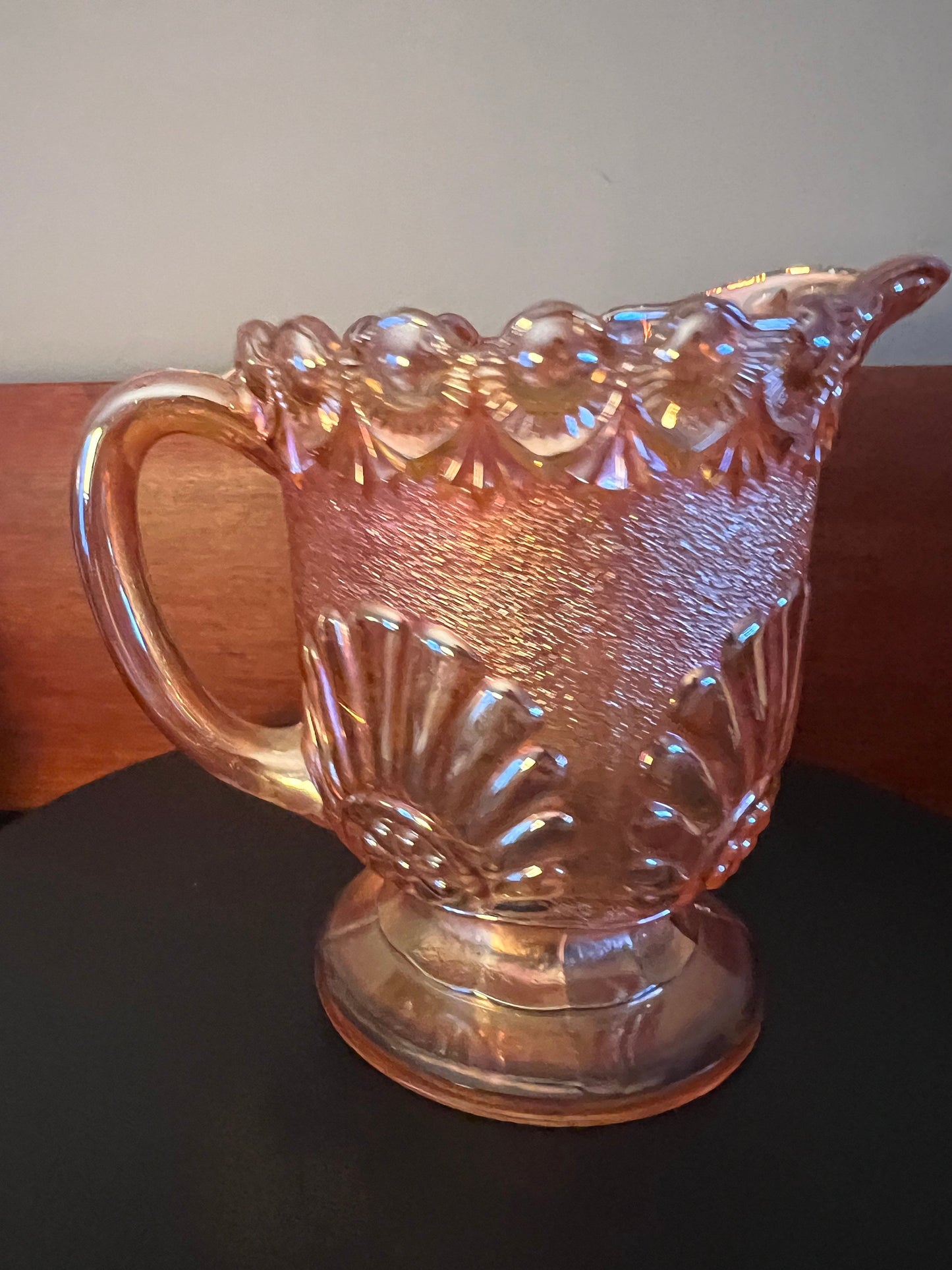 Vintage Westmoreland Marigold Iridescent Carnival Glass Creamer: Shell & Jewel Floral