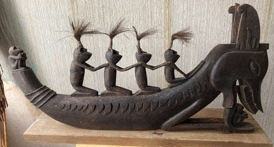 Vintage Hand Carved Wood Dragon Boat Sculpture: Borneo Tribal Art