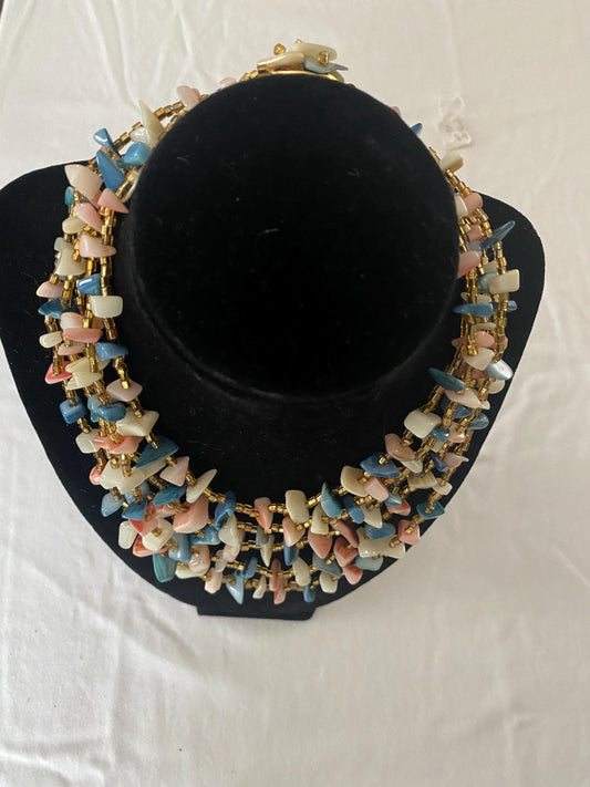 5 Strand Mother of Pearl White Pink Blue Multi Colored Necklace Beads Earth Stone Jewelry Lover Antiques and Vintage