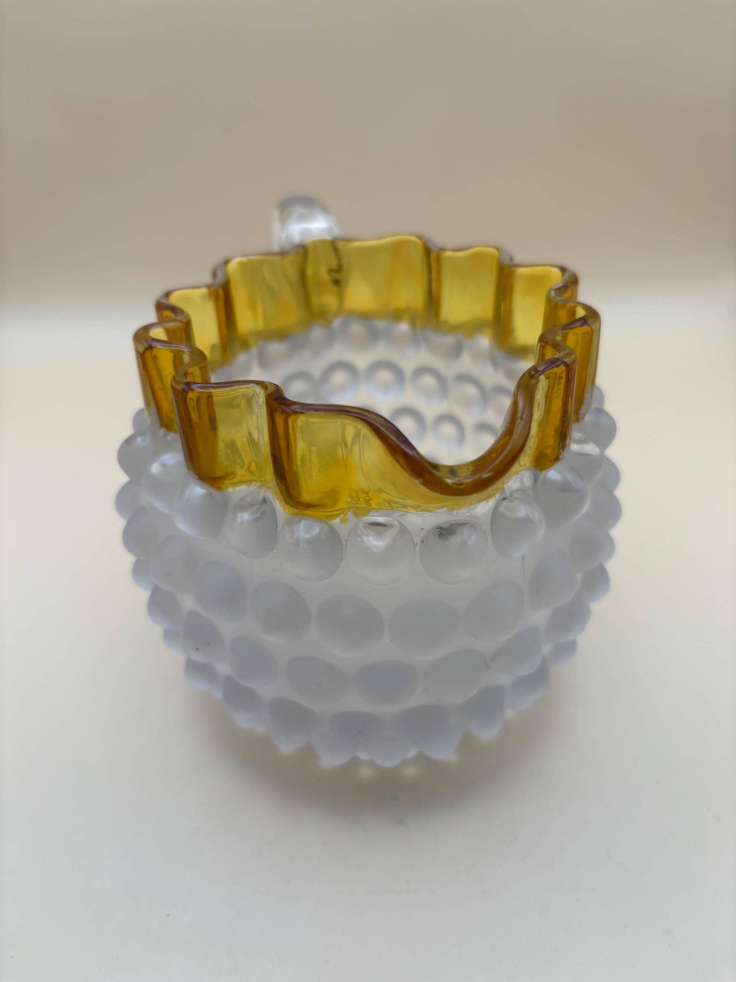 Antique Hobbs Brockunier Blue Glass Hobnail Amber Creamer | Vintage Hobnail Mini Pitcher with Amber Top, Circa 1885-1892