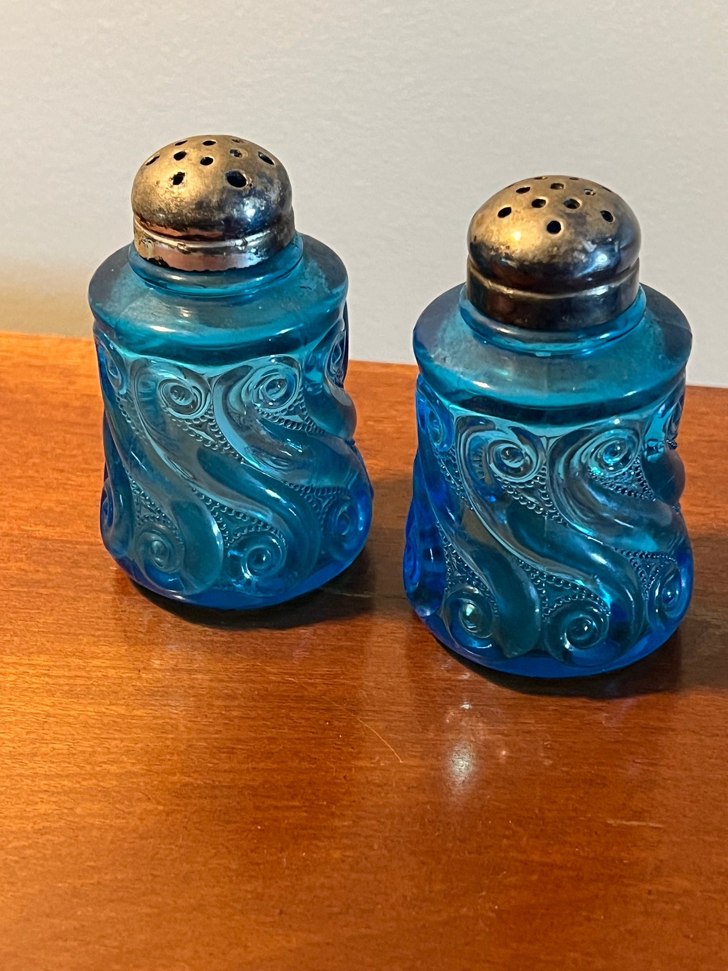 Antique EAPG Blue Glass Salt and Pepper Shakers: National Dugan S. Repeat Pattern