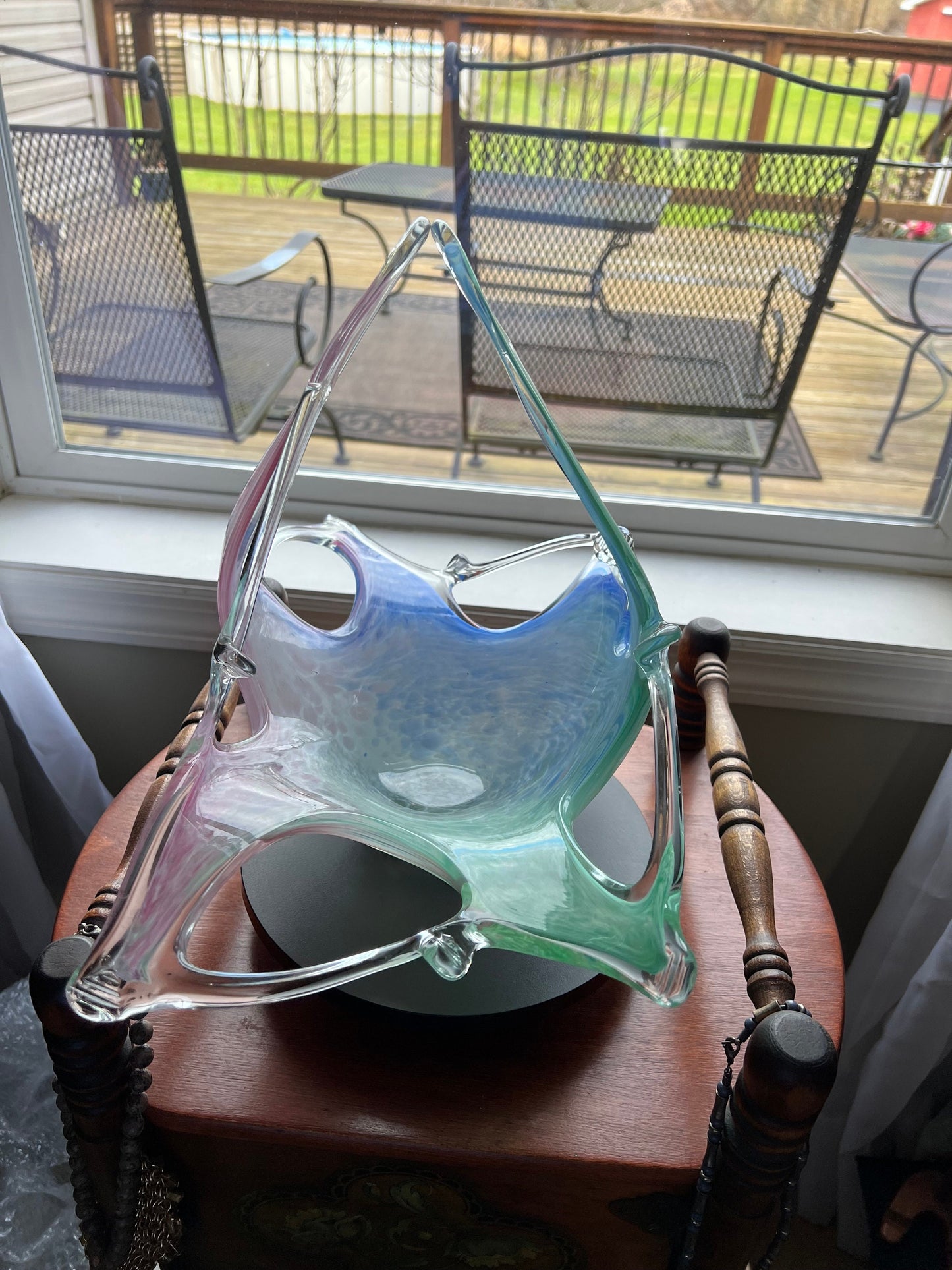 Vintage Lavorazione Murano Art Glass Bowl: Large Blown Glass Basket, Blue Pink Green