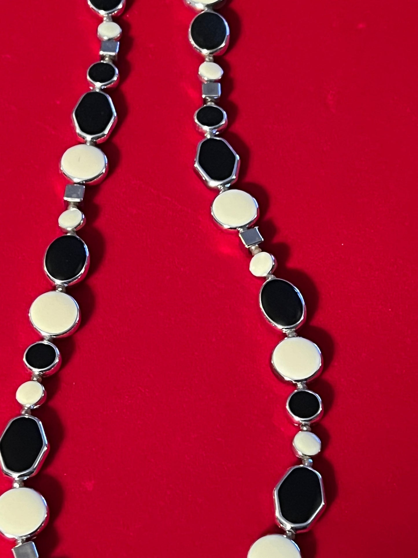 Vintage Cream & Black Necklace: Long Silver Tone Chain, 14"