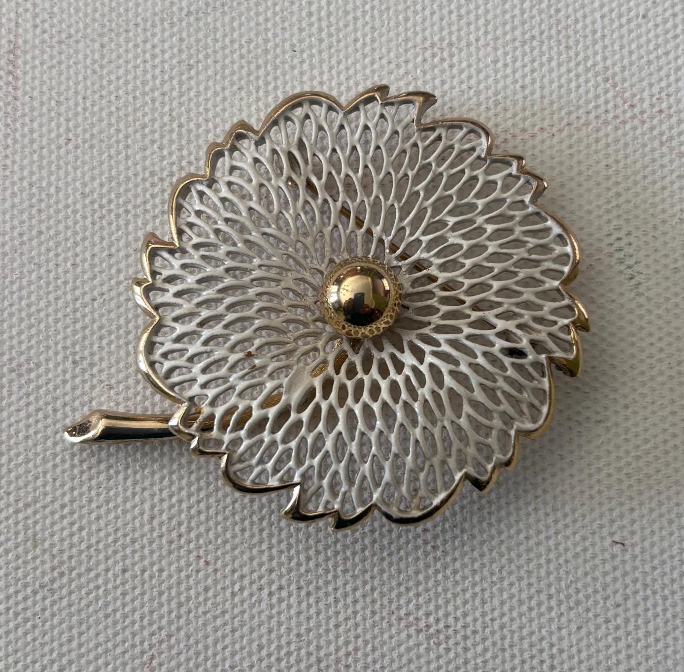 Vintage Monet White and Gold Flower Brooch Pin | Filigree Floral Jewelry | Mid Century Gift for Her | Antique Monet Pin