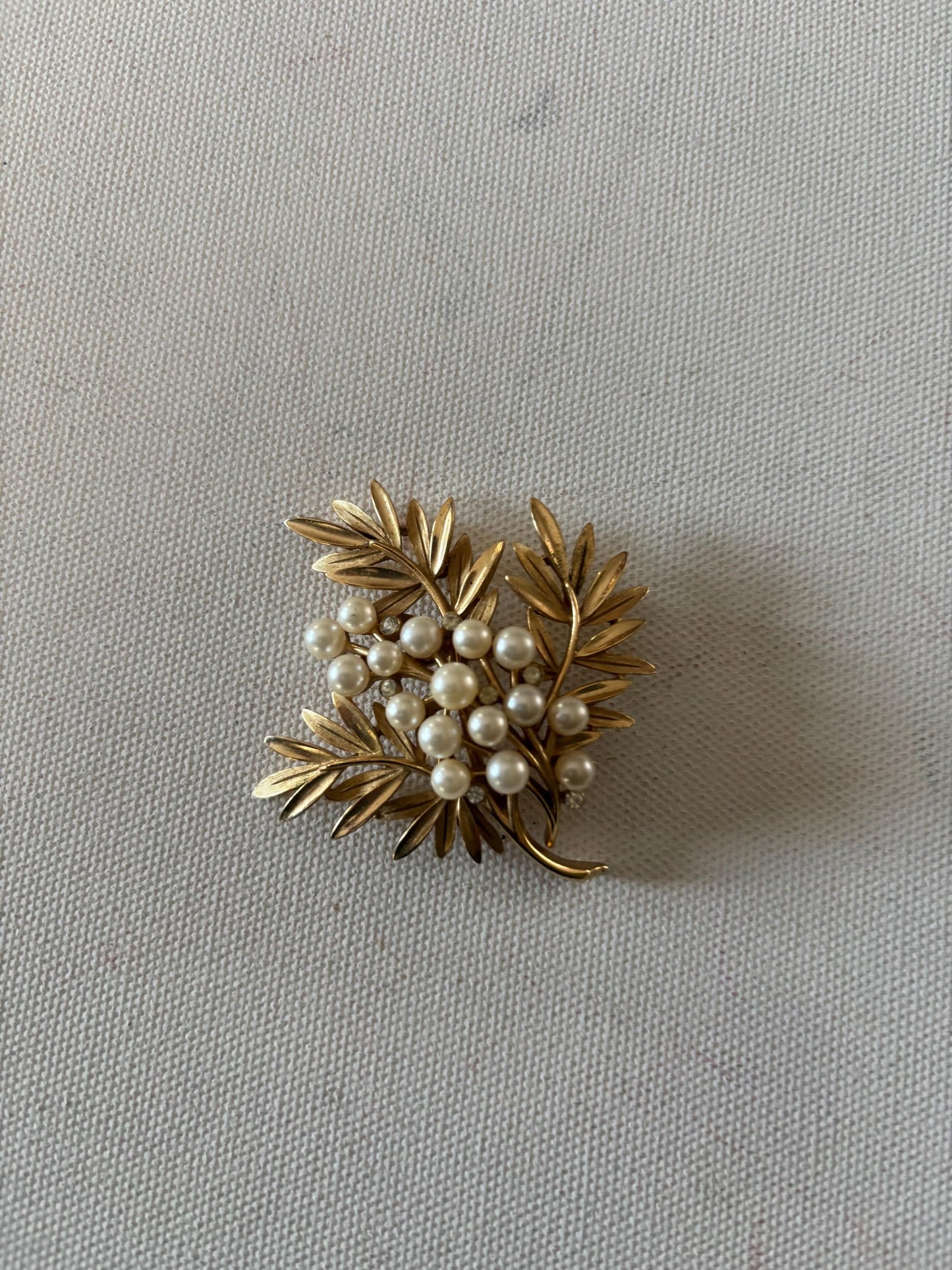 Vintage Crown Trifari Leaf Faux Pearl Brooch Gold Tone Pin Coat Pin Lover Antiques and Vintage